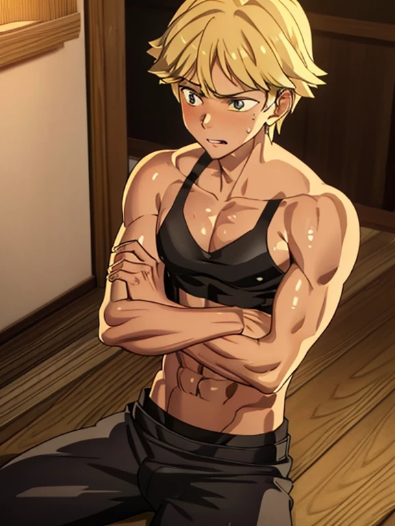 8k, RAW, Masterpiece, Best quality at best, Best Quality, high quality, high detailed, boy, 1boy, blonde, chiseled abs, chiseled pecs, sweating, wet, glistening skin, shiny skin, oiled up, black tank top, (masterpiece, 3D anime style, more detail, ultra detail), adult boy, upper body, sitting down, chiseled abs, chiseled pecs, indoors, exhausted, 