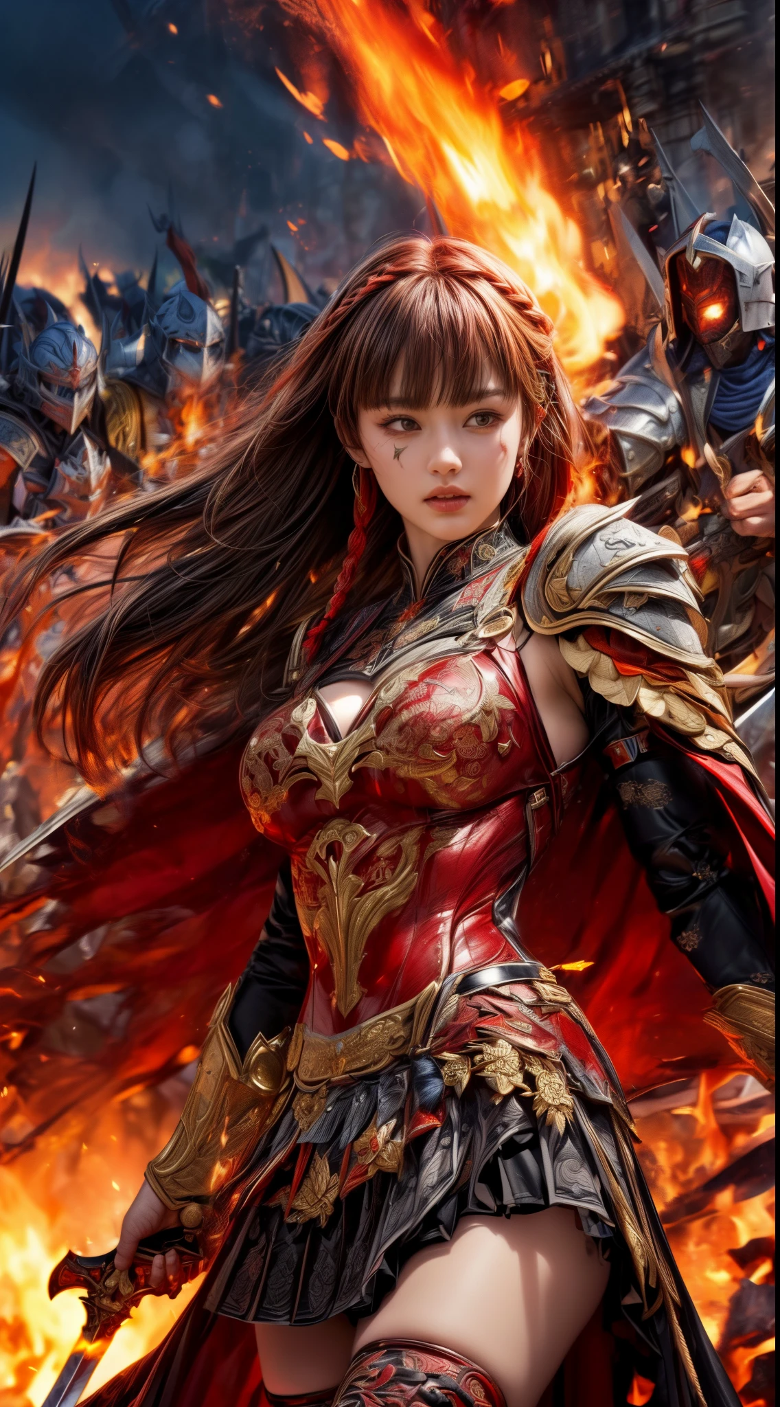 Very beautiful woman、Slender women、(Detailed face)、Realistic Skin、((Knight of Fire)), (((Red Armor:1.25)))、((((Black armor with very fine and intricate decoration))))、((Delicate photo)),(Girl Astepeace RAW Photo Details:1.25), (highest quality:1.6), (超A high resolution:1.5), (Realistic:1.75), 8K resolution, Canon EOS R5, 50mm, Absurd, Ultra-detailed,Cinema Lighting,Battlefields of Medieval Europe、((battle))、RPG World、Final Fantasy、(((Embellished skirt)))、Thigh-high socks、Shin Guards、night、((too long bangs))、((One long thick dark red hair braid))、Get six-pack、Torn Cloak、Beautiful Armor、(((Giant Sword)))、In combat、The wind is blowing、(((Inferno filling the entire area)))、(((Leading a large group of red knights)))、(((Knight Commander)))、Armor with a Phoenix motif、Old scar on right cheek:1.2、((Fire blaze))、(((Intense action scenes)))