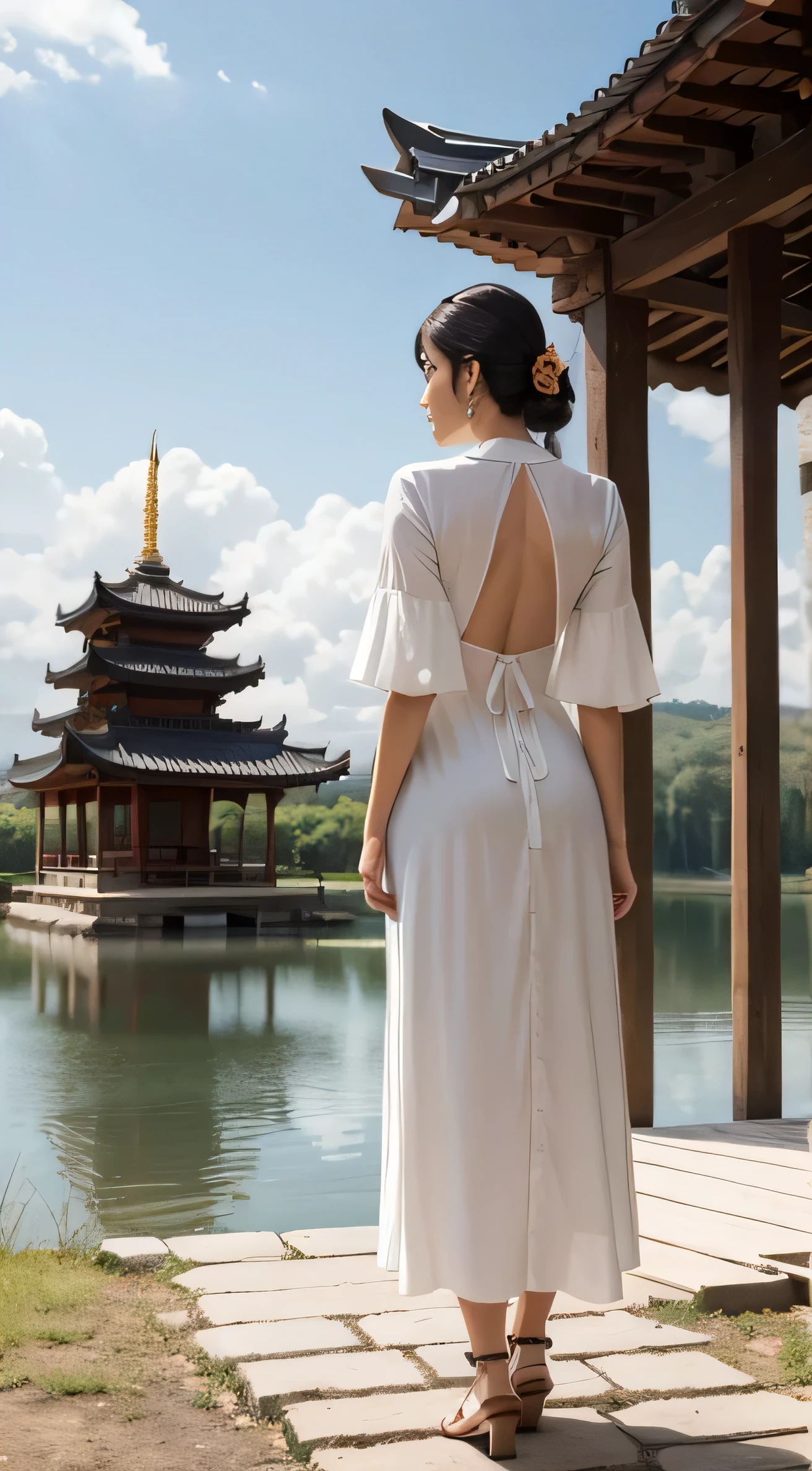 woman Back view full body The background is a lake and a temple