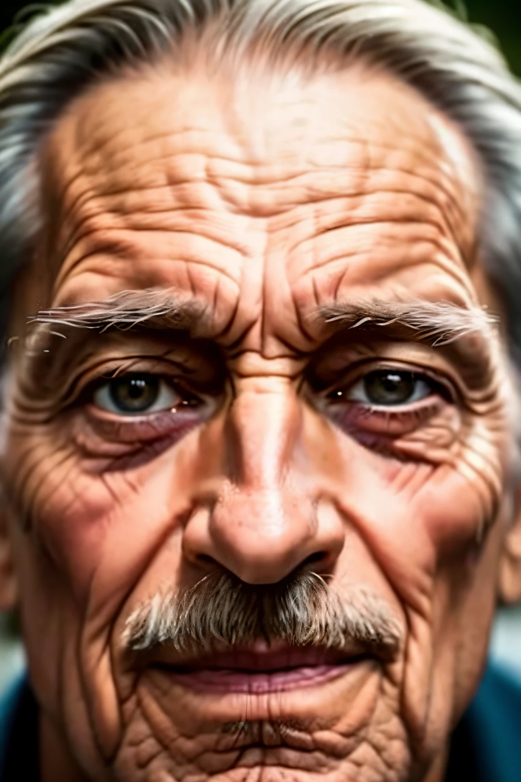 A detailed and macro photograph of an elderly man's face, captured using a Sony A7r camera with an FE 50mm - F 2.8 GM lens.