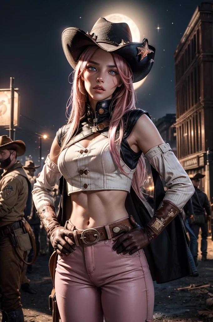 (masterpiece,stunning girlfriend, (standing:1.1), dynamic pose, heart shaped face, elegant face, beautiful face, highly detailed face, highly detailed skin, skin pores, subsurface tering, realistic pupils, looking at viewer, full lips, detailed background, depth of field, atmospheric perspective, volumetric lighting, sharp focus, absurdres, realistic proportions, good anatomy, (realistic, hyperrealistic:1.4), 16k hdr, neopolitan, neopolitan, long hair, brown hair, (brown eyes:1.3), brown eyes, pink eyes, (heterochromia:1.2), ((two-tone hair, split-color hair, pink hair, brown hair, multicolored hair)), BREAK gloves, hat, navel, detached sleeves, midriff, belt, pants, white gloves, black headwear, bowler hat, hands on hips, BREAK outdoors, night, stars, moon, post-apocalypse, dystopian future, london in ruins, crowd, (crowd in military uniforms), bonfires, BREAK looking at viewer, (cowboy shot:1.5), BREAK (masterpiece:1.2), best quality, high resolution, unity 8k wallpaper, (illustration:0.8), (beautiful detailed eyes:1.6), extremely detailed face, perfect lighting, extremely detailed CG, (perfect hands, perfect anatomy)