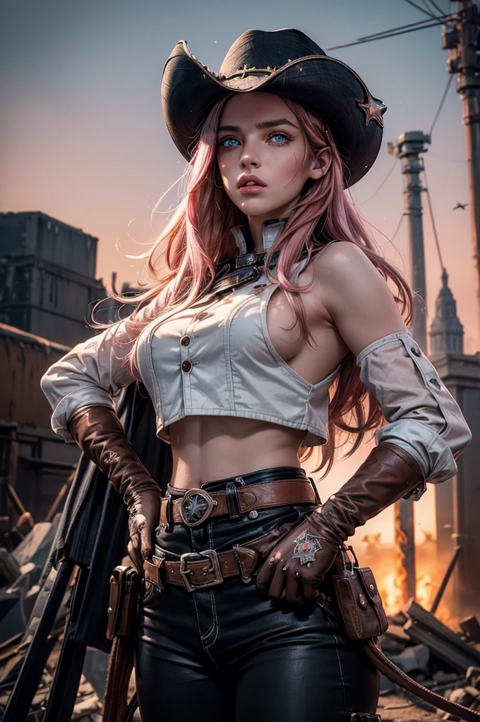 (masterpiece,stunning girlfriend, (standing:1.1), dynamic pose, heart shaped face, elegant face, beautiful face, highly detailed face, highly detailed skin, skin pores, subsurface scattering, realistic pupils, looking at viewer, full lips, detailed background, depth of field, atmospheric perspective, volumetric lighting, sharp focus, absurdres, realistic proportions, good anatomy, (realistic, hyperrealistic:1.4), 16k hdr,  neopolitan, neopolitan, long hair, brown hair, (brown eyes:1.3), brown eyes, pink eyes, (heterochromia:1.2), ((two-tone hair, split-color hair, pink hair, brown hair, multicolored hair)), BREAK gloves, hat, navel, detached sleeves, midriff, belt, pants, white gloves, black headwear, bowler hat, hands on hips, BREAK outdoors, night, stars, moon, post-apocalypse, dystopian future, london in ruins, crowd, (crowd in military uniforms), bonfires, BREAK looking at viewer, (cowboy shot:1.5), BREAK (masterpiece:1.2), best quality, high resolution, unity 8k wallpaper, (illustration:0.8), (beautiful detailed eyes:1.6), extremely detailed face, perfect lighting, extremely detailed CG, (perfect hands, perfect anatomy)
