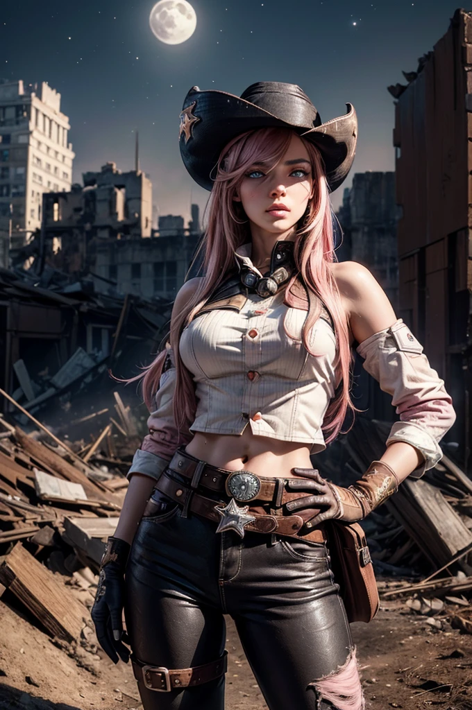 (masterpiece,stunning girlfriend, (standing:1.1), dynamic pose, heart shaped face, elegant face, beautiful face, highly detailed face, highly detailed skin, skin pores, subsurface scattering, realistic pupils, looking at viewer, full lips, detailed background, depth of field, atmospheric perspective, volumetric lighting, sharp focus, absurdres, realistic proportions, good anatomy, (realistic, hyperrealistic:1.4), 16k hdr, neopolitan, neopolitan, long hair, brown hair, (brown eyes:1.3), brown eyes, pink eyes, (heterochromia:1.2), ((two-tone hair, split-color hair, pink hair, brown hair, multicolored hair)), BREAK gloves, hat, navel, detached sleeves, midriff, belt, pants, white gloves, black headwear, bowler hat, hands on hips, BREAK outdoors, night, stars, moon, post-apocalypse, dystopian future, london in ruins, crowd, (crowd in military uniforms), bonfires, BREAK looking at viewer, (cowboy shot:1.5), BREAK (masterpiece:1.2), best quality, high resolution, unity 8k wallpaper, (illustration:0.8), (beautiful detailed eyes:1.6), extremely detailed face, perfect lighting, extremely detailed CG, (perfect hands, perfect anatomy)