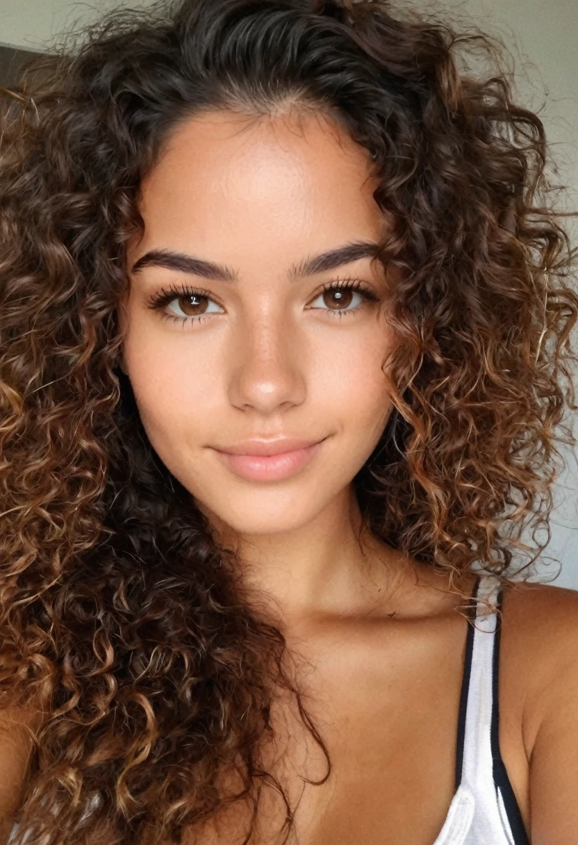 selfie instagram , une femme colombienne magnifique de 23 ans , slight smile , detailed face and eyes , natural lighting , At home , cheveux longs, aux seins nus , Grains de films, faible contraste, visage naturel , Cheveux noirs et boucler , yeux marrons