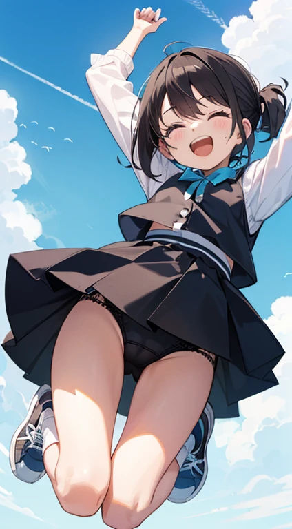Sneaker Girl Jump、Black spats、、Panty shot、Laughing with your mouth open、blue sky、cute