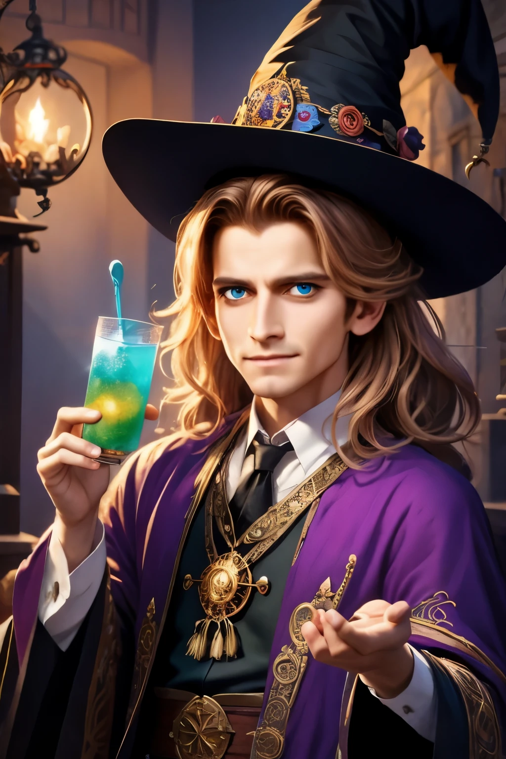 Masterpiece, best quality, wizard tea party, chibi, handsome male witch, beautiful witch, highly detailed realistic eyes, happy, vibrant, colorful,
