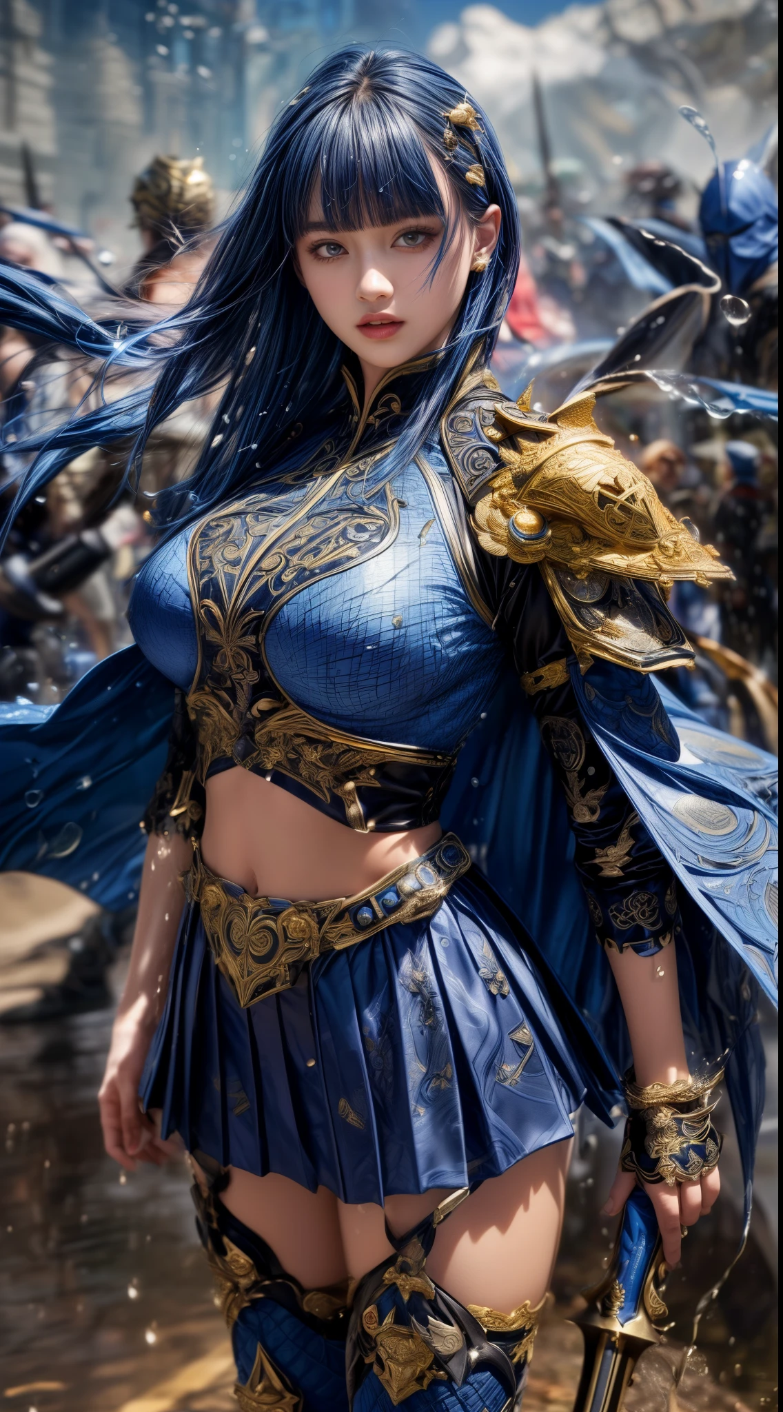 Very beautiful woman、Slender women、(Detailed face)、Realistic Skin、((holy knight)), ((Navy Blue Armor))、((((Black armor with very fine and intricate decoration:1.1))))、((Delicate photo)),(Girl Astepeace RAW Photo Details:1.25), (highest quality:1.6), (超A high resolution:1.5), (Realistic:1.75), 8K resolution, Canon EOS R5, 50mm, Absurd, Ultra-detailed,Cinema Lighting,((battlefield))、((battle))、(((Navy Skirt with Embellishments)))、Thigh-high socks、Shin Guards、((Dark blue hair))、((Bowl cut hairstyle with bangs,))、Get six-pack、Cape、Beautiful Armor、(((Has a huge weapon)))、(In combat)、The wind is blowing、((Symmetrical Armor))、((((Splash))))、(((Leading a large group of blue knights:1.2)))、Banner、Armor with a dragon motif、(((Battle Scene)))、((nsfw:1.1))、(((Underwear visible)))