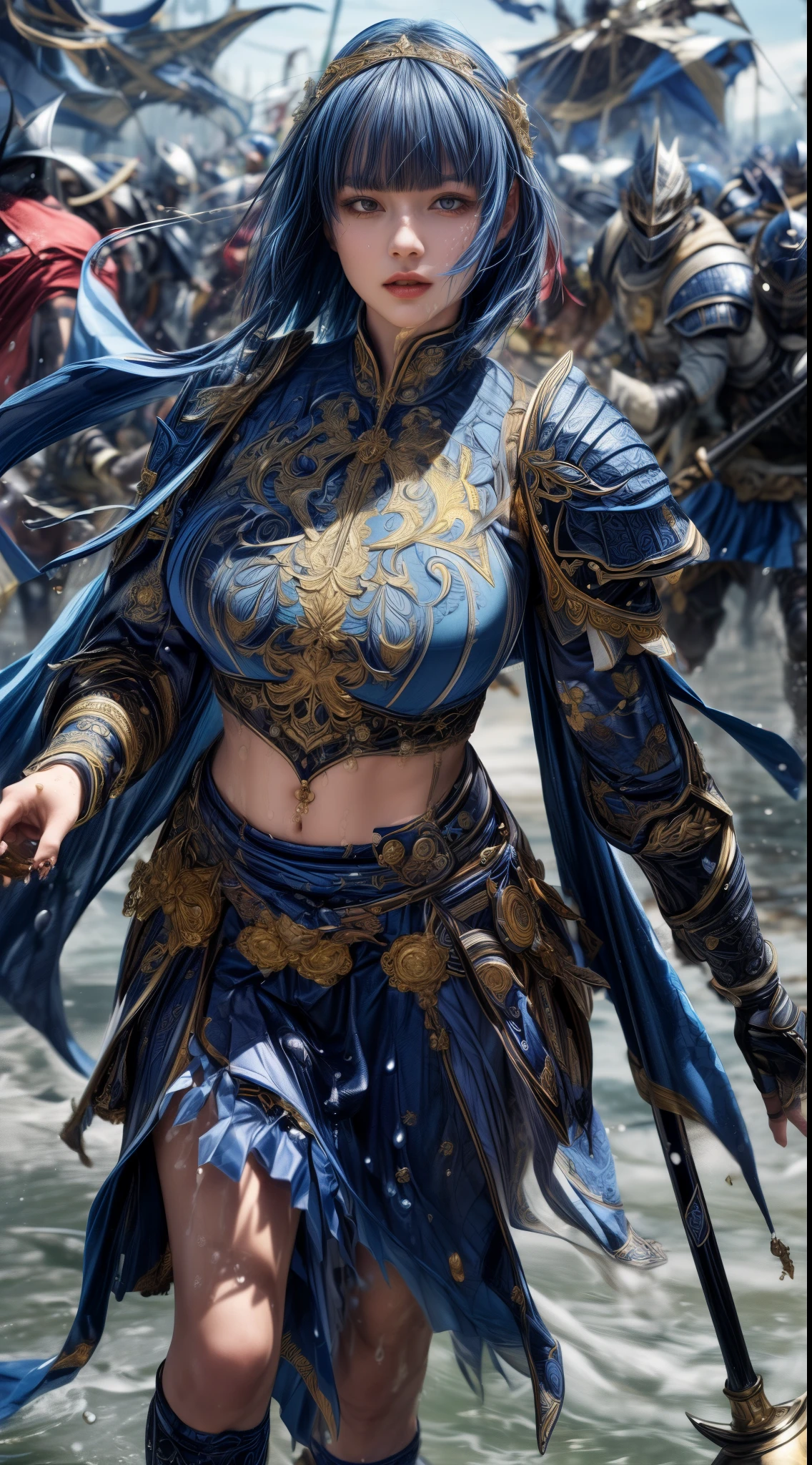 Very beautiful woman、Slender women、(Detailed face)、Realistic Skin、((holy knight)), ((Navy Blue Armor))、((((Black armor with very fine and intricate decoration:1.1))))、((Delicate photo))，(Girl Astepeace RAW Photo Details:1.25), (highest quality:1.6), (超A high resolution:1.5), (Realistic:1.75), 8K resolution, Canon EOS R5, 50mm, Absurd, Ultra-detailed,Cinema Lighting,((battlefield))、((battle))、(((Navy Skirt with Embellishments)))、Thigh-high socks、Shin Guards、((Dark blue hair))、((Bowl cut hairstyle with bangs,))、Get six-pack、Cape、Beautiful Armor、(((Has a huge weapon)))、(In combat)、The wind is blowing、((Symmetrical Armor))、((((Splash))))、(((Leading a large group of blue knights:1.2)))、Round Glasses:1.4、Banner、Armor with a dragon motif、(((Intense battle scenes)))