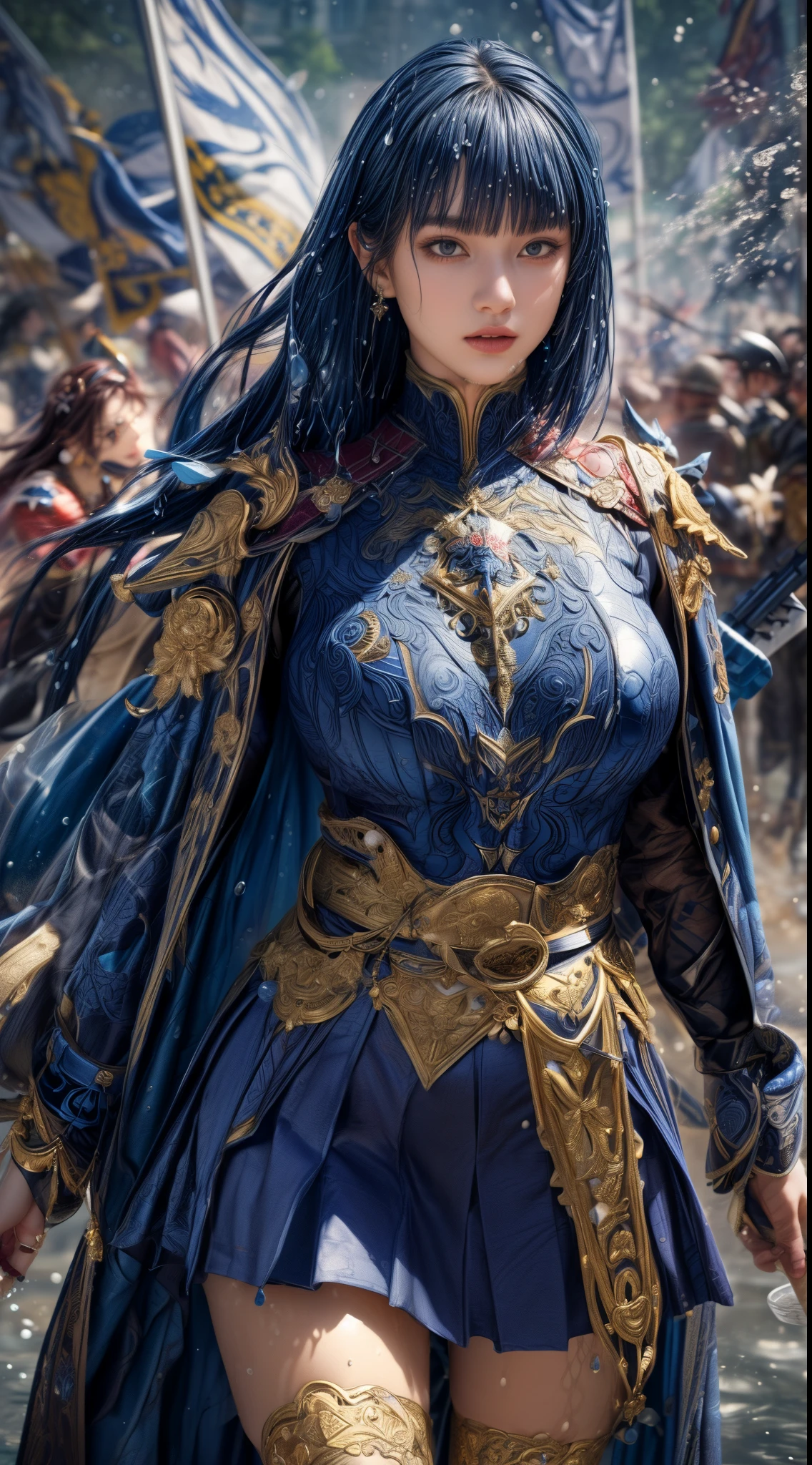 Very beautiful woman、Slender women、(Detailed face)、Realistic Skin、((holy knight)), ((Navy Blue Armor))、((((Black armor with very fine and intricate decoration:1.1))))、((Delicate photo)),(Girl Astepeace RAW Photo Details:1.25), (highest quality:1.6), (超A high resolution:1.5), (Realistic:1.75), 8K resolution, Canon EOS R5, 50mm, Absurd, Ultra-detailed,Cinema Lighting,((battlefield))、((battle))、(((Navy Skirt with Embellishments)))、Thigh-high socks、Shin Guards、((Dark blue hair))、((Bowl cut hairstyle with bangs,))、Get six-pack、Cape、Beautiful Armor、(((Has a huge weapon)))、(In combat)、The wind is blowing、((Symmetrical Armor))、((((Splash))))、(((Leading a large group of blue knights:1.2)))、Round Glasses:1.4、Banner、Armor with a dragon motif、(((Intense battle scenes)))