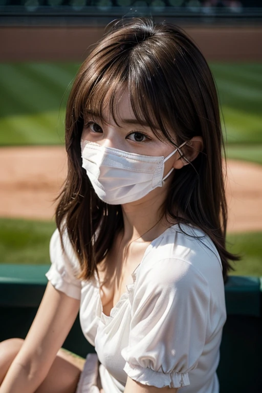 (8k, RAW Photo, Best Picture Quality, Masterpiece:1.2), (Realistic, Photorealistic:1.37), Natural, Ultra High Quality, Super Detail, Super Fine, Fine Skin, Sharp Focus, Bokeh, Glossy, Depth of Field, Shiny Hair, Shiny Skin BREAK 1 woman, Japanese, milf, (30yo:1.5 ), smooth skin, no makeup, long hair, (light brown hair:1.2), black eyes, shiny eyes,T-shirt,looking away,(white mask:1.3)
BREAK
(down blouse:1.6), ((nipples, nsfw):0.7), (small breasts:1.1), (woman sitting in bleachers at baseball stadium:1.5), (top view:1.5), (baseball stadium spectator seat:1.4), (perfect anatomy:1.4) BREAK