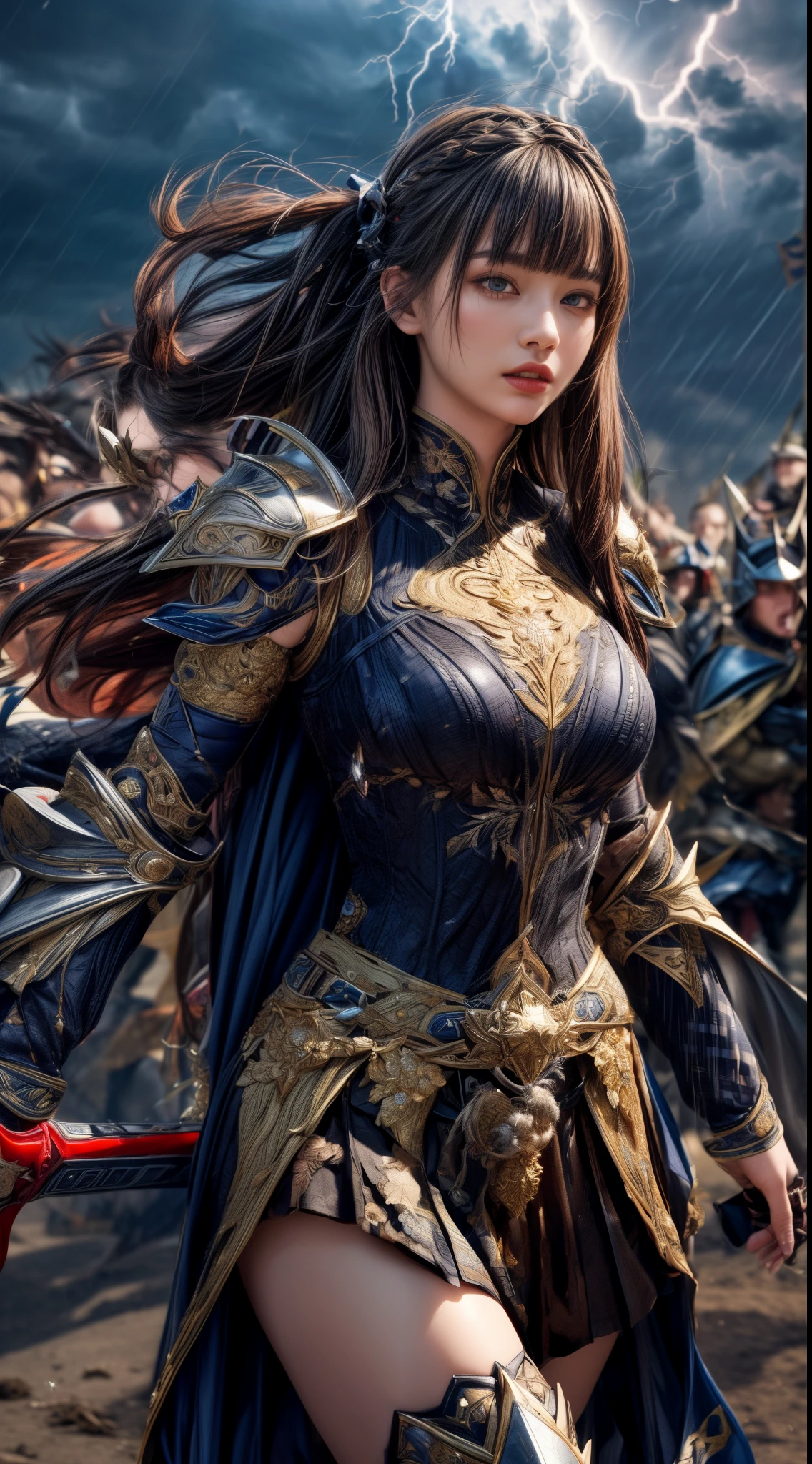 Cowboy Shot、Very beautiful woman、Slender women、(Detailed face)、Realistic Skin、((Demon Knight)), (Black Armor)、((((Black armor with very fine and intricate decoration))))、((Delicate photo)),(Girl Astepeace RAW Photo Details:1.25), (highest quality:1.6), (超A high resolution:1.5), (Realistic:1.75), 8K resolution, Canon EOS R5, 50mm, Absurd, Ultra-detailed,Cinema Lighting,Battlefields of Medieval Europe、((battle))、RPG World、Final Fantasy、(((Embellished skirt)))、Thigh-high socks、Shin Guards、night、((Long hair with bangs,))、Get six-pack、Torn Cloak、Beautiful Armor、(((Giant Sword)))、In combat、The wind is blowing、((Asymmetrical Armor:1.5))、(((thunderstorm)))、((Knight Commander))、(((Leading a large group of black knights)))、Banner、Wolf Pattern:1.5、(((Intense battle scenes)))