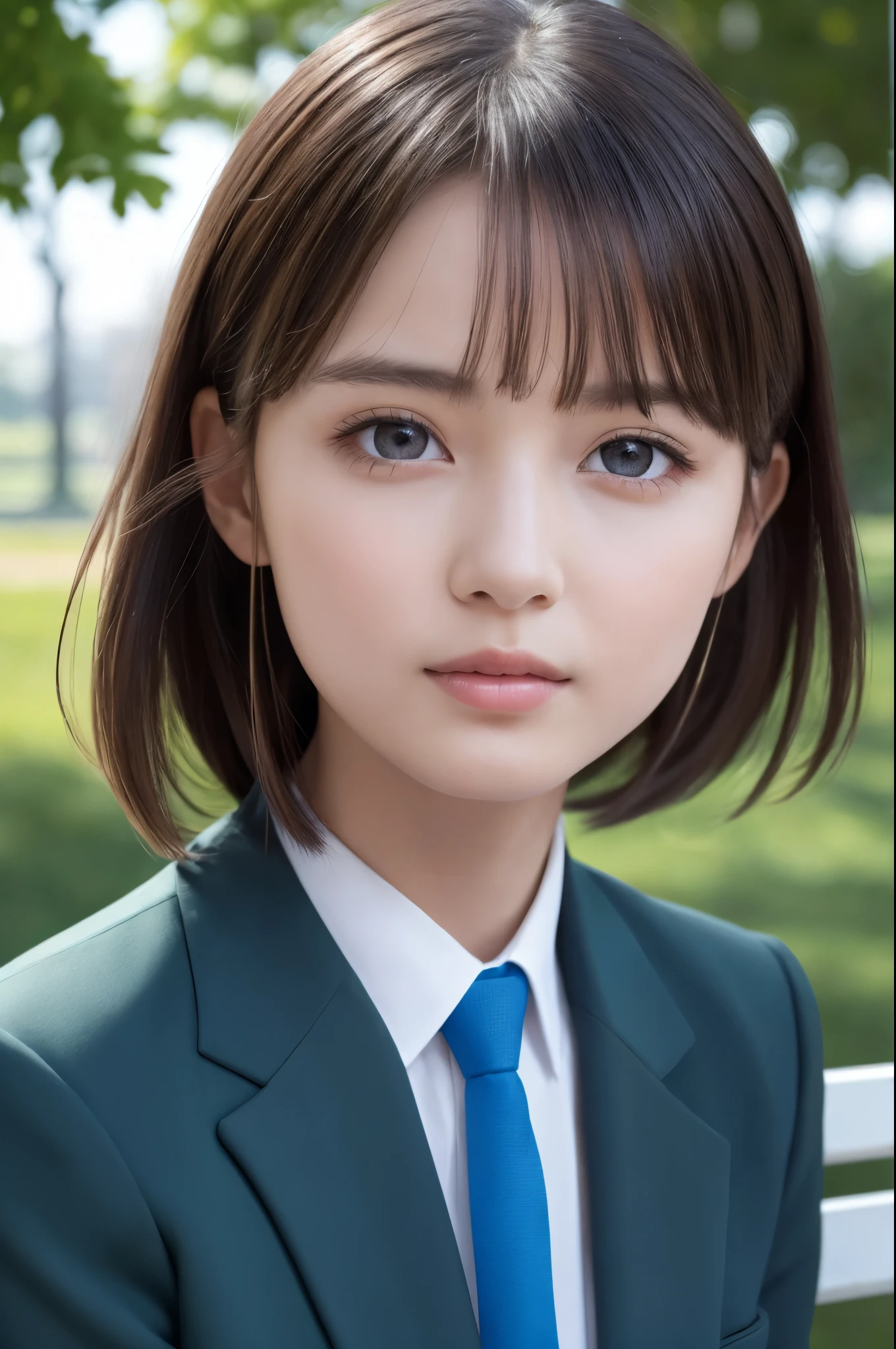 One Girl, (Beautiful girl, Delicate girl:1.3), (13 years old:1.3),
break, (Black business suit, Blue tie:1.2),
break, (Lush green park, Sit on a bench:1.2),
break, Very beautiful eyes, (Symmetrical eyes:1.3),
break, Small breasts, Brown eyes, Parted bangs, Brown Hair, (Upper teeth, The best smile:0.2),
break, (Eye and facial details:1.0),
break, (masterpiece, highest quality, Super detailed, Detailed face, 8k)