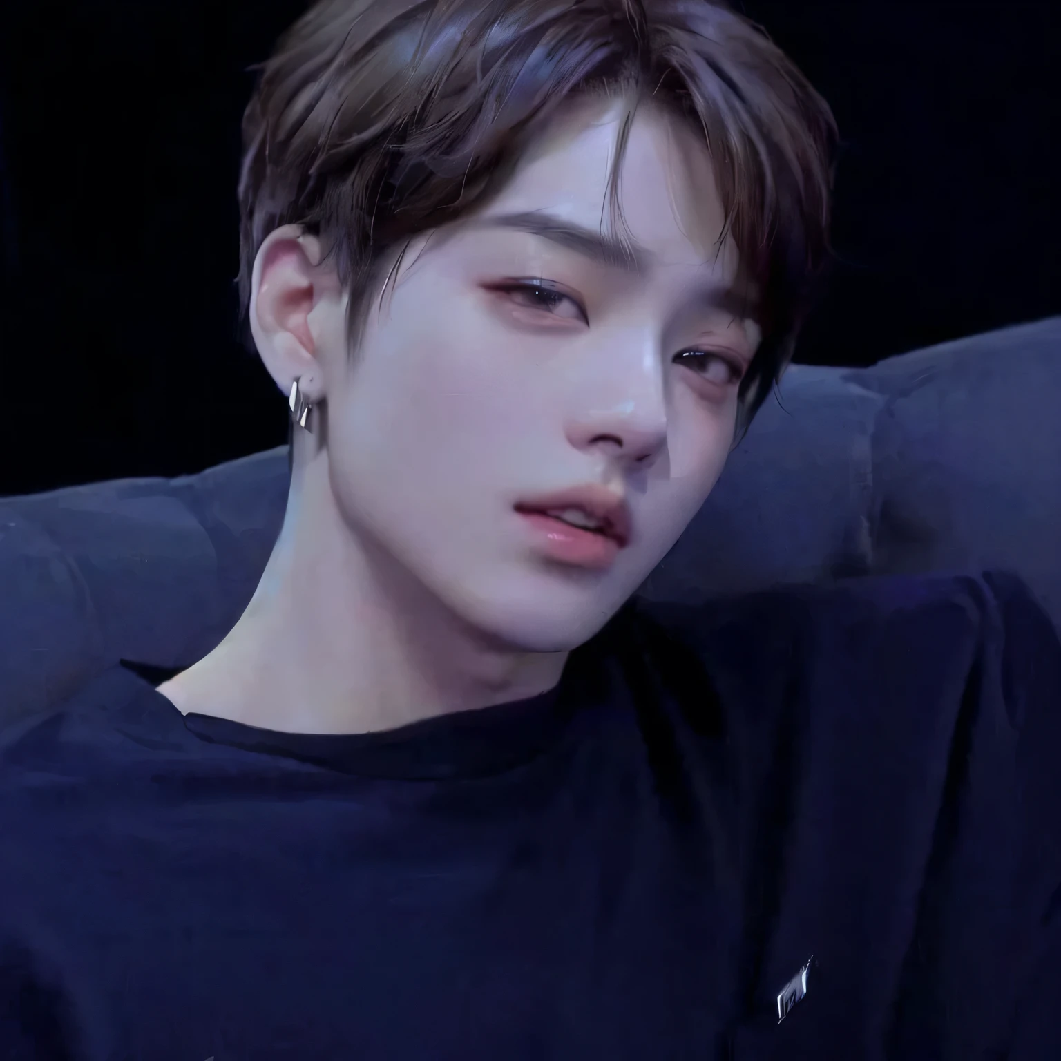 arafed man sitting on a couch with a remote in his hand, jungkook, cai xukun, jimin\'s right eyelid swollen, accurate jimin face, hyung tae, taejune kim, taken in the early 2020s, kim doyoung, jimin\'s plump lips, shin jeongho, wan adorable korean face