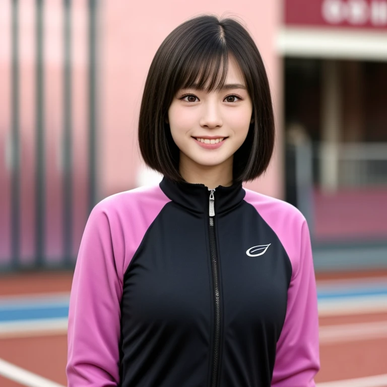 (kawaii 24 year-old Japanese girl, Nogizaka idol, Korean idol, track and field player), healthy female athlete body, glossy black hair, (very short hair, bangs:1.2), beautiful black eyes, rounded face, single eyelid, (no makeup:1.2), (big laughing), (pink half zipped track jackets:1.3), extra small breasts, BREAK, (track and field stadium background:1.2), (dynamic angle and posing, bust shot:1.2), BREAK, (masterpiece, best quality, photo realistic, official art:1.4), (UHD, 8K quality wallpaper, high resolution, raw photo, golden ratio:1.3), (shiny skin), professional lighting, physically based rendering, award winning, (highly detailed skin texture, extremely detailed face and eyes textures), Carl Zeiss 85 mm F/1.4, depth of field, (1girl, solo),