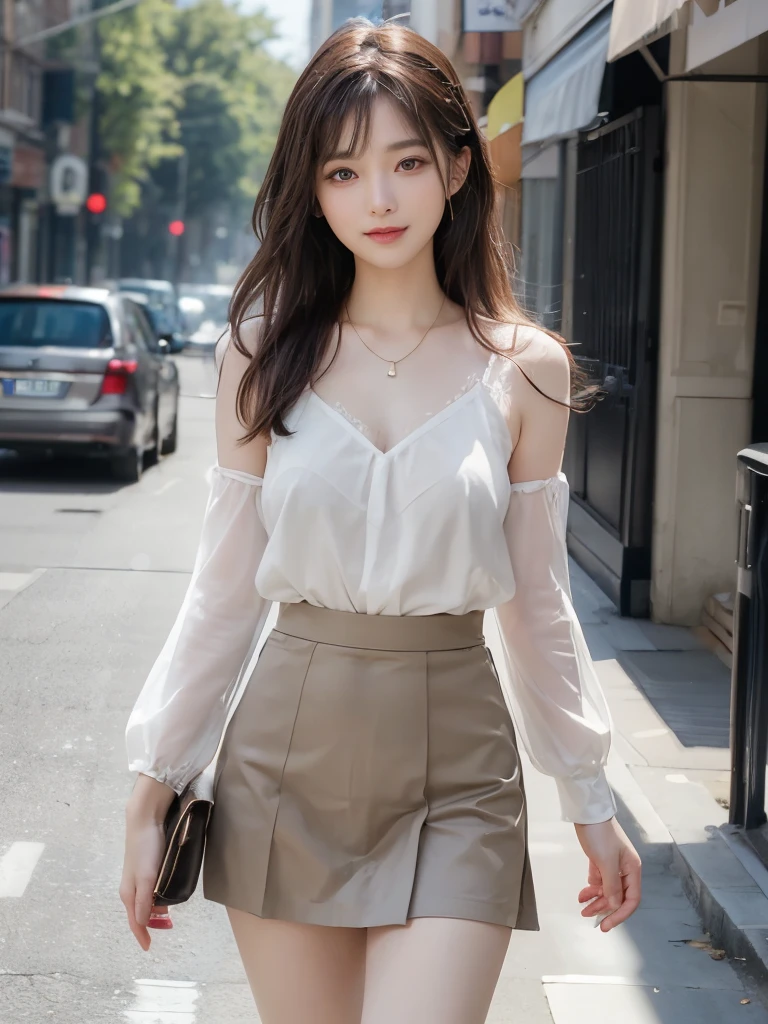 A woman walking down a street in a short skirt - SeaArt AI