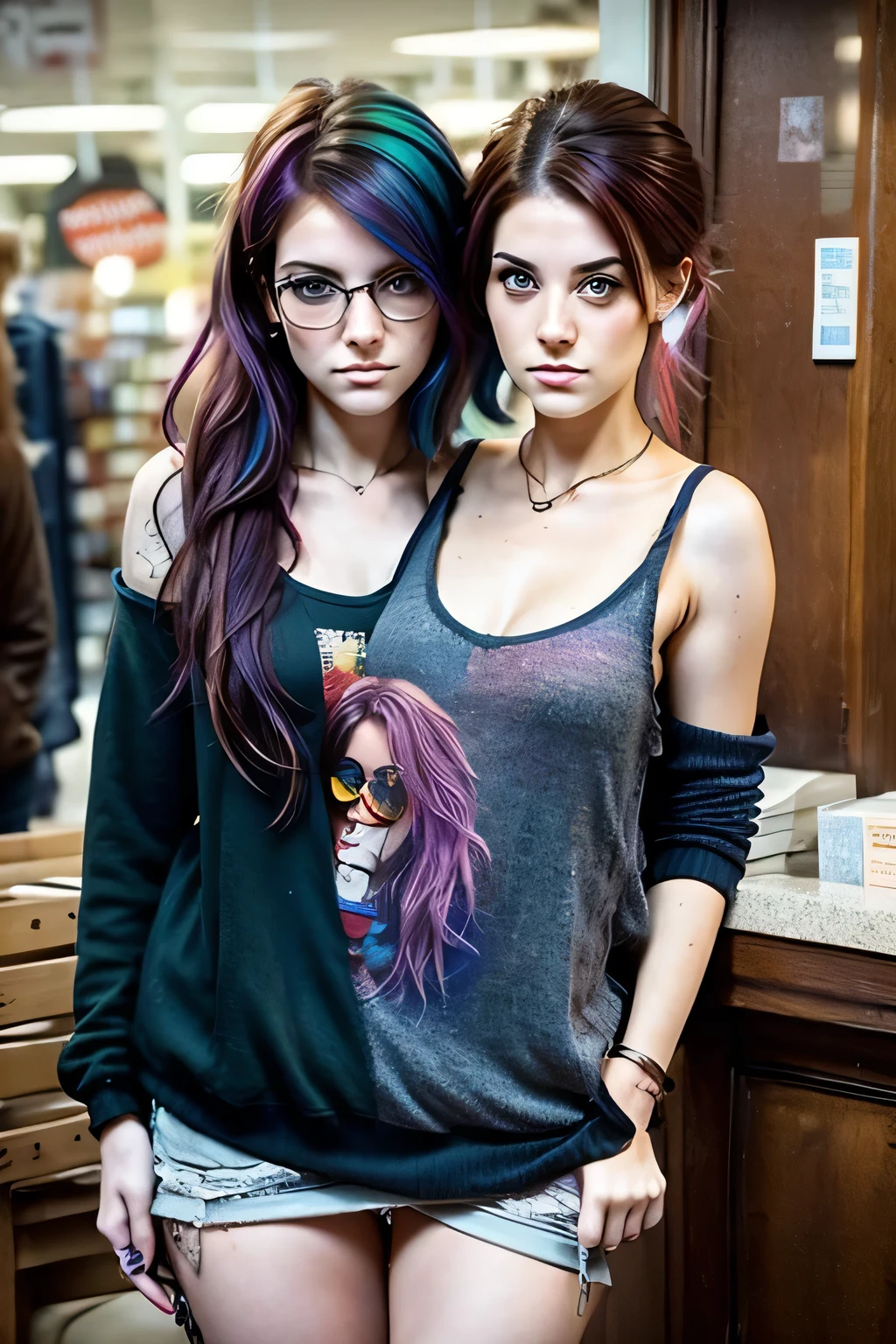 2heads, female couple, age 28, two heads on one body, conjoined, one torso, hipsters, multicolored hair, grunge fashion, in bookstore