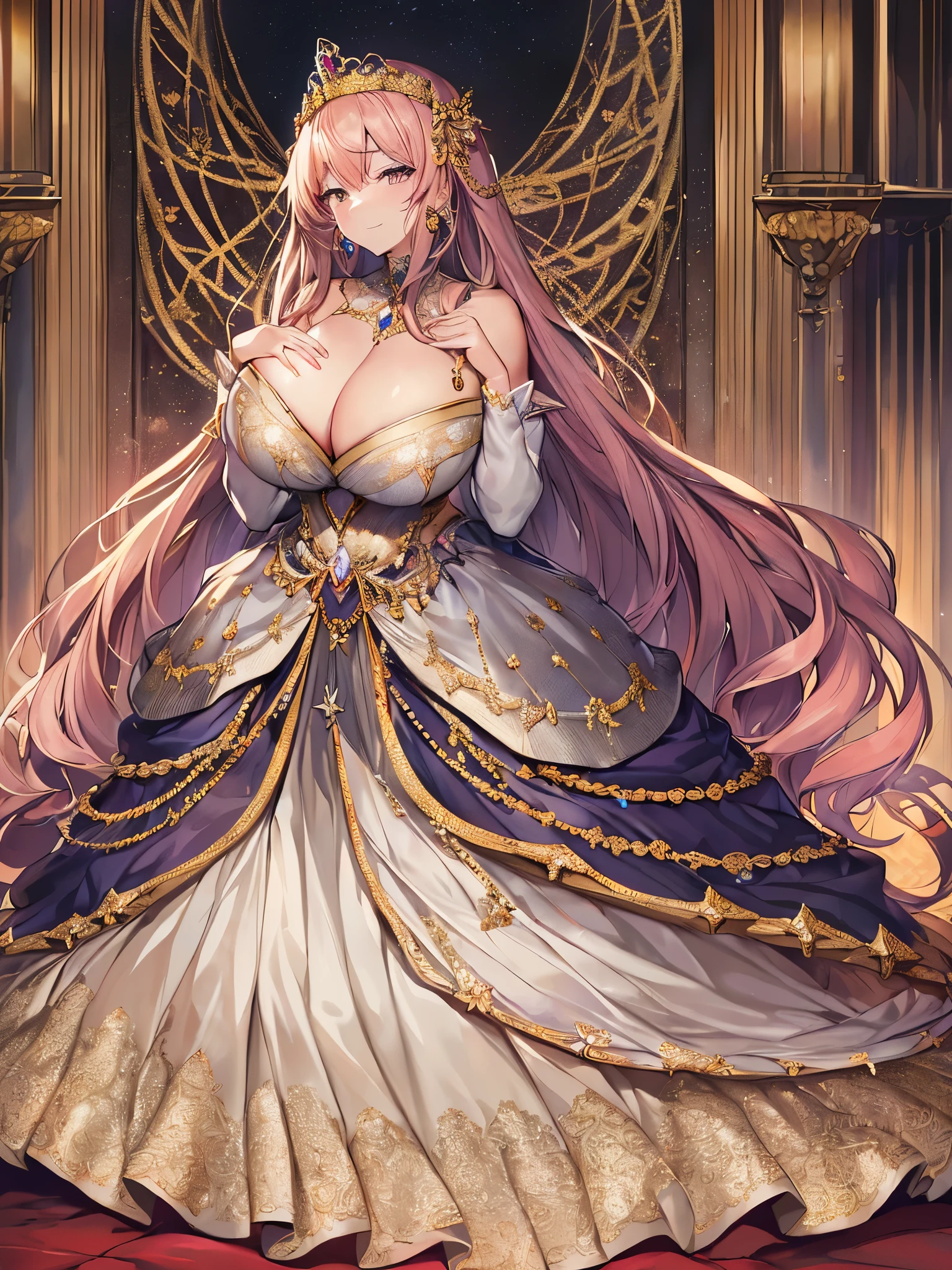 ((moe anime artstyle)),((Masterpiece)),(Best Quality),((Super Detail)),((Very Delicate and Beautiful)),((Solo)),full body,full body portrait,(((1 bling-bling princess in beautiful embroidery and jeweled gorgeous rococo ballgown with voluminous full length crinoline hoop skirt))),(((((absurdly gigantic tits,adly sagging tits))))),avage),Skinn,(detailed face and eyes,gentle smile),jewel-like eyes,((crinoline,long train,beautiful embroidery and lace)),super detailed voluminous gorgeous rococo ballgown with voluminous full length crinoline hoop skirt,((bling-bling voluminous gorgeous rococo princess ballgown with beautiful embroidery and jeweled)),((Very Long Straight Hair,large amount of straight hair, absurdly long Straight hair)),extremely gorgeousfull hair ornament,(extremely gorgeous jeweled big tiara),luxurious jewelry,((beautiful embroidery and jeweled gorgeous rococo ballgown with voluminous full length crinoline hoop skirt)),full body,((fantasy castle,throne room))