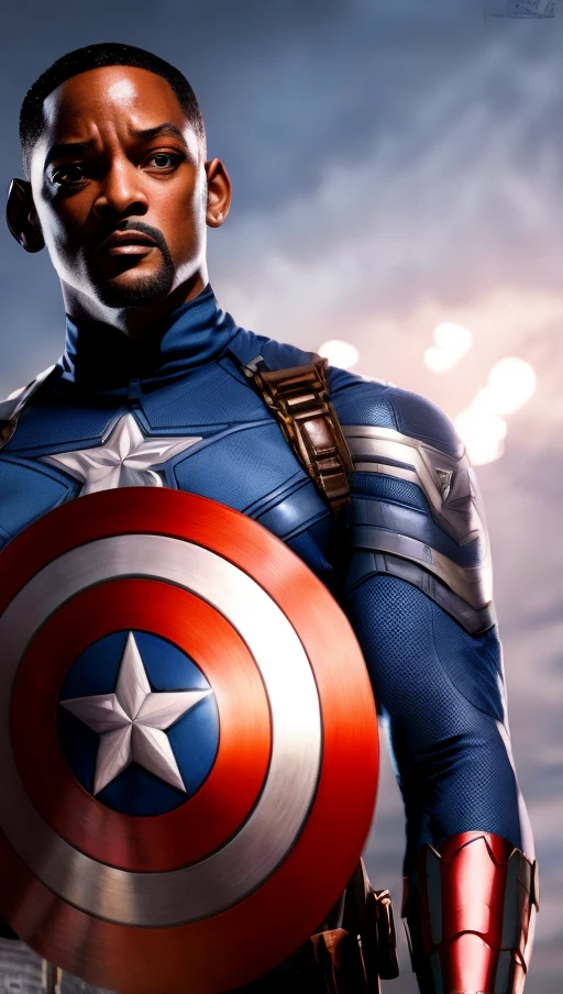 . Tarantino style Will Smith as Captain America 8k, high definition, detailed face, detailed face, detailed eyes, detailed suit, in style of marvel and dc, hyper-realistic, + cinematic shot + dynamic composition, incredibly detailed, sharpen, details + superb details + evening with light + perfectionism + award winning realism ((moody lighting))