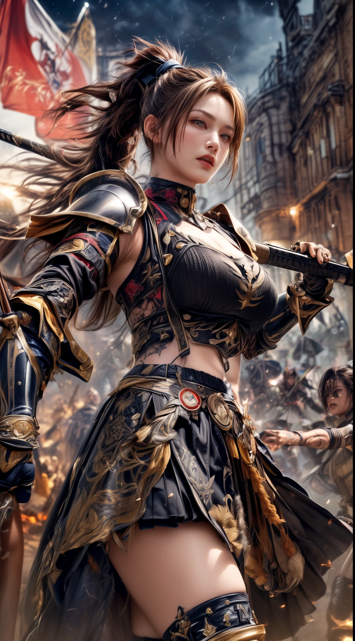 Very beautiful woman、Very tall woman、((muscle))、(Detailed face)、Realistic Skin、((Knights of the Earth)), (((Light brown and black armor:1.25)))、((((非常に繊細で装飾が施されたLight brown and black armor))))、((Delicate photo))，(Girl Astepeace RAW Photo Details:1.25), (highest quality:1.6), (超A high resolution:1.5), (Realistic:1.75), 8K resolution, Canon EOS R5, 50mm, Absurd, Ultra-detailed,Cinema Lighting,Battlefields of Medieval Europe、((battle))、RPG World、Final Fantasy、(((Embellished skirt)))、Thigh-high socks、Shin Guards、night、((((Messy center parted high ponytail))))、((Get six-pack))、Torn Cloak、((Beautiful Armor))、(((Huge weapons)))、In combat、The wind is blowing、(((Leading a large group of knights:1.3)))、(((Knight Commander)))、(Banner)、Great Ape Emblem、(((Light brown as the main color)))、(((black tribal tattoo)))、Dust、(((Wearing fur)))、(Rocky area)、(((Intense battle scenes)))