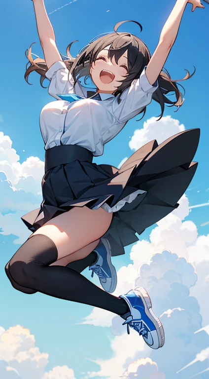Sneaker Girl Jump、Black spats、、Panty shot、Laughing with your mouth open、blue sky、cute、Big Breasts、Open your eyes