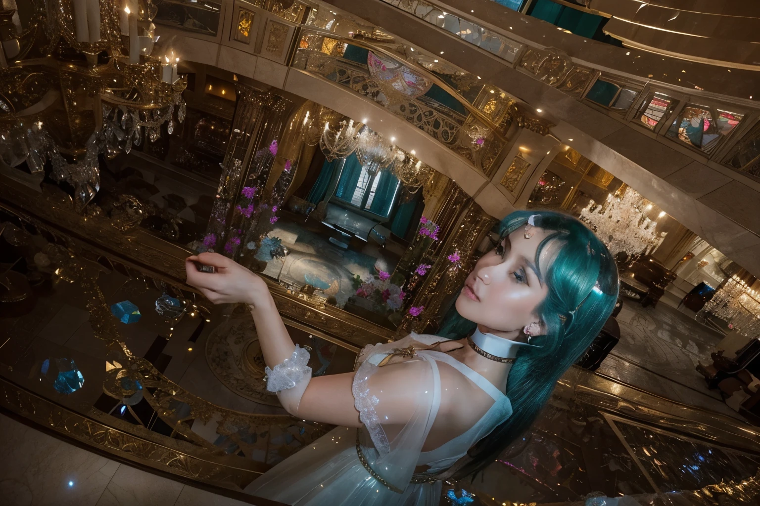 (Best quality, 8k, 32k, Masterpiece, UHD:1.2) "Imagine the stunning and ethereal Crystal Palace from the world of Sailor Moon. Describe an awe-inspiring palace made entirely of crystal, towering majestically in the center of Crystal Tokyo. The palace glows with a radiant, otherworldly light, reflecting and refracting the colors of the rainbow through its transparent walls and spires.

The architecture is a blend of futuristic design and regal elegance, with tall, slender towers that reach towards the sky and intricate detailing that glistens like diamonds. The main hall of the palace is a vast, open space with high ceilings and grand chandeliers made of crystal that cast shimmering light across the room. The floors are smooth and mirror-like, creating a sense of endless space and light.

Surrounding the palace are lush gardens filled with vibrant, otherworldly flora that bloom in the presence of the palace's magic. Fountains of crystal-clear water create soothing sounds, and pathways made of crystalline stones lead visitors through the gardens to the palace entrance.

Inside the palace, rooms are adorned with delicate crystal furnishings and soft, glowing light that creates a serene and peaceful atmosphere. The throne room, where Neo-Queen Serenity and King Endymion preside, is the heart of the palace, featuring a grand throne made of the purest crystal and surrounded by shimmering curtains and elegant décor.

Describe the daily life within the Crystal Palace, the activities of its royal inhabitants, and the interactions between the Sailor Guardians as they protect and govern Crystal Tokyo. Highlight the sense of peace, beauty, and magic that permeates the palace, making it a symbol of hope and prosperity in the Sailor Moon universe."