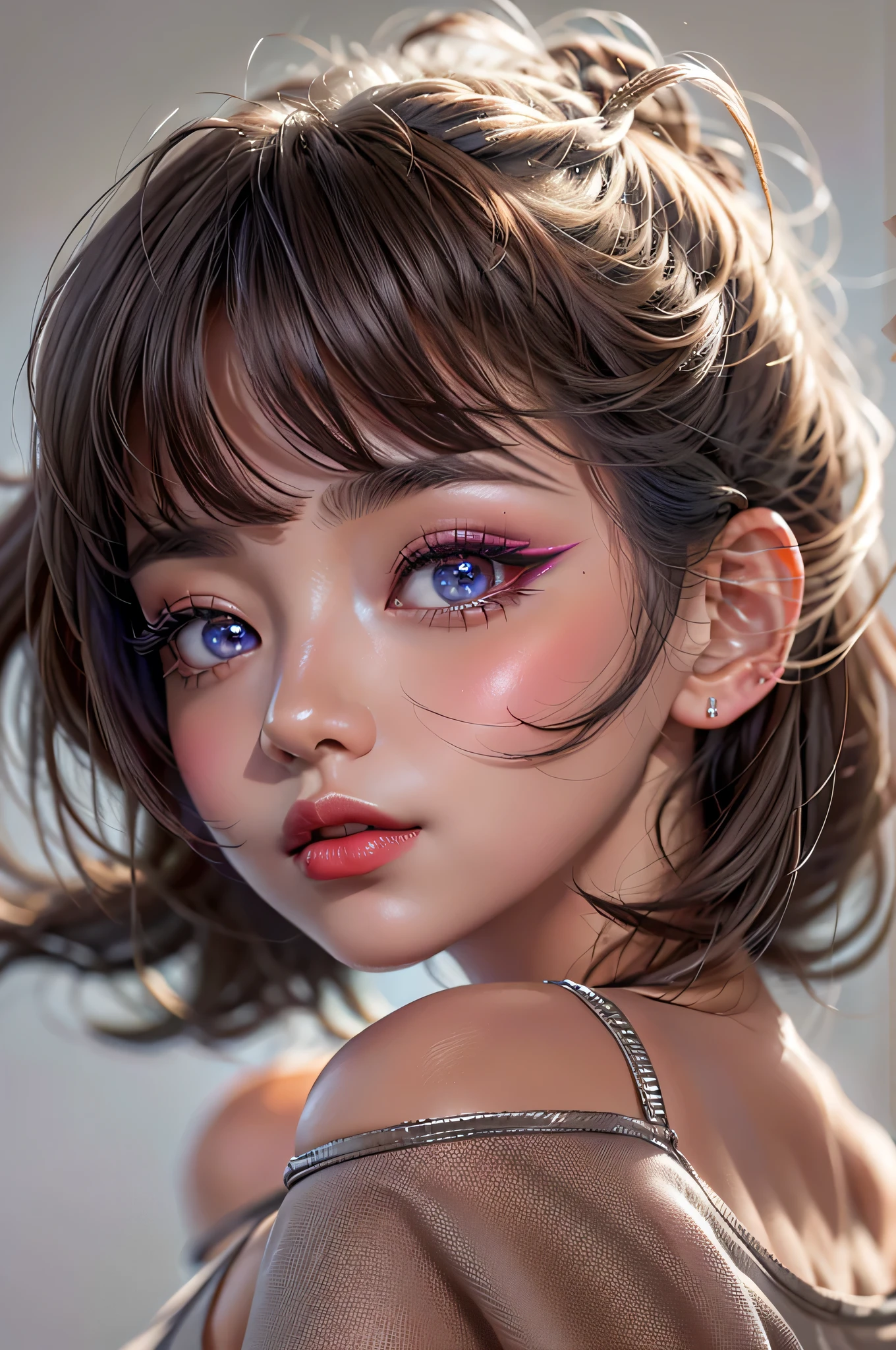 ((Make your subject look three-dimensional with the contrast of light and shadow)), Realism, Realistic, (Ultra details realistic velvety clean and smooth skin, ultra quality), ((best high quality realistic texture hair)), Photorealistic ((portrait)) a cute 1model:1.4 24yo, ((close up of her face:1.3)), dslr, best high quality soft lighting, sharp focus captured by Fujifilm XT3, f 5.6, in a dramatic lighting, (beautiful slim and sharp face), ((Hyper absurd details of realistic perfectly round brown_eyes:1.3 in hyper absurd quality and resolution)), (light pale complexion), ((Hyper-realistic sharp eyes, clear absurd quality, not blurry)), ((finely detailed pupils:1.4)), (Perfekt makeup:1.35), ((Hyper details symmetrical lips:1.3)), ((V-line jaw)), (light glossy red_lipstick:1.35), ((Ultra detailed realistic long_blue_eyelashes:1.25), Ultra absurd quality), ((perfect dark_eyeshadows:1.45)), (super Detailed, beautiful little nose:1.2), (perfect composition), ((pale skin:1.28)), ((dry skin)), ((she wears Tube top outfits, Simple ((black tops, Black tube top outfit), extremely detailed details)), the latest fashion trend of this summer),