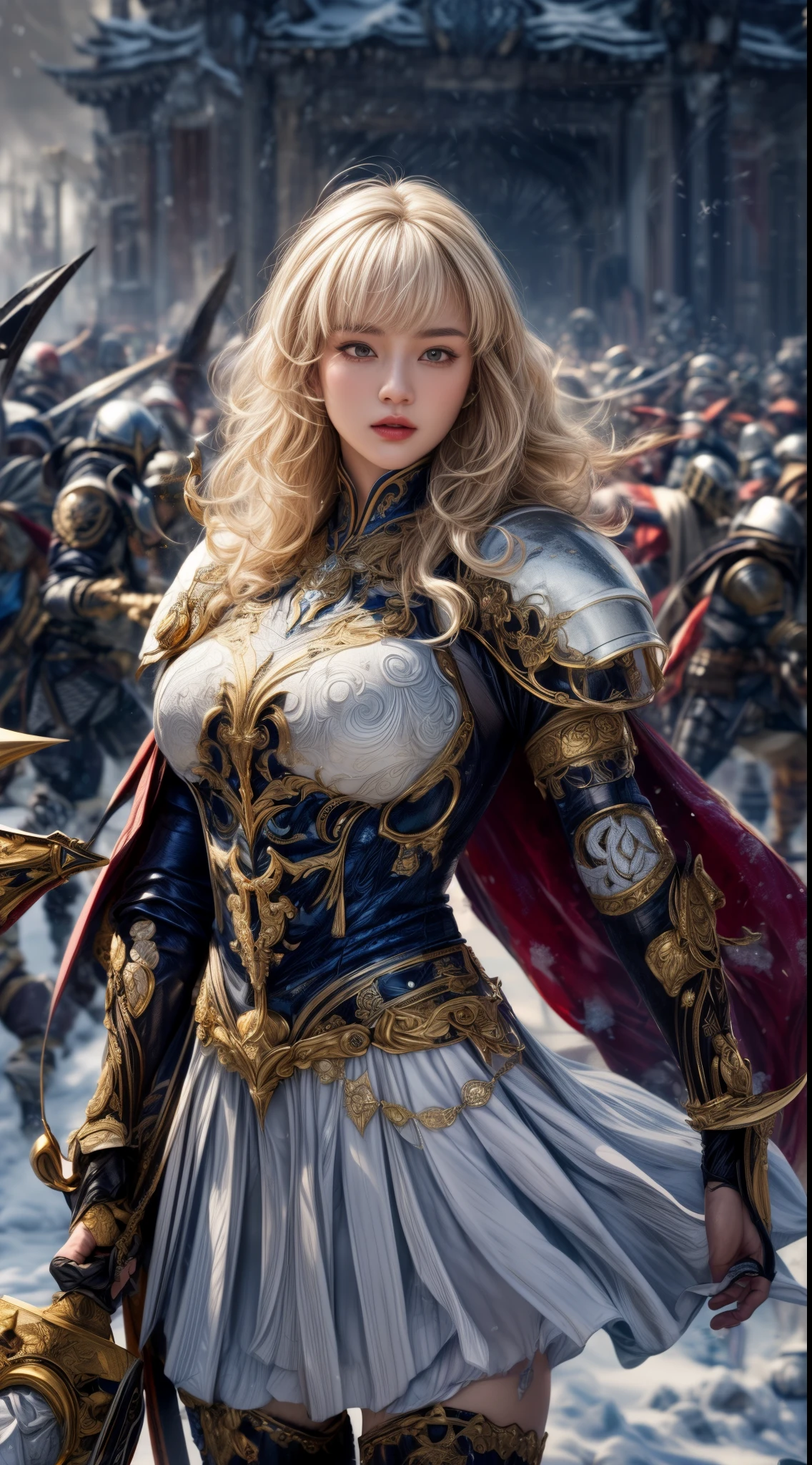 Very beautiful woman、Slender women、(Detailed face)、Realistic Skin、((holy knight)), ((Pearl White Armor))、((((Black armor with very fine and intricate decoration:1.1))))、((Delicate photo))，(Girl Astepeace RAW Photo Details:1.25), (highest quality:1.6), (超A high resolution:1.5), (Realistic:1.75), 8K resolution, Canon EOS R5, 50mm, Absurd, Ultra-detailed,Cinema Lighting,((battlefield))、((battle))、(((White skirt with embellishments)))、Thigh-high socks、Shin Guards、((Blonde))、((Curly Hair))、((Drill Hair))、((Wavy short hair with bangs,))、Get six-pack、Cape、Beautiful Armor、(((Has a huge weapon)))、(In combat)、The wind is blowing、((Symmetrical Armor))、((((Blizzard))))、(((Leading a large group of knights:1.2)))、Banner、Armor inspired by the ice goddess、(((Intense battle scenes)))