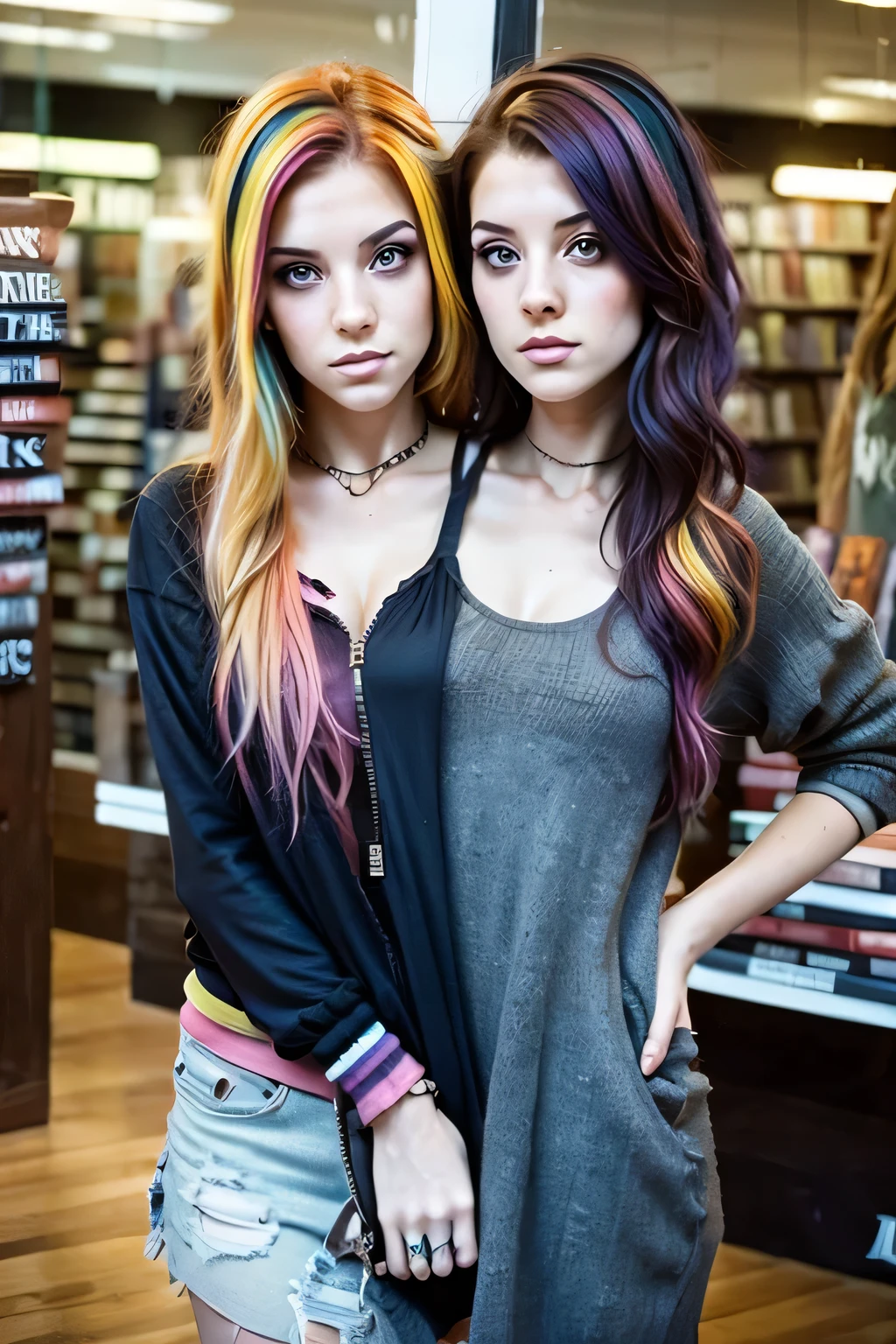 2heads, female couple, age 28, two heads on one body, conjoined, one torso, hipsters, multicolored hair, grunge fashion, in bookstore