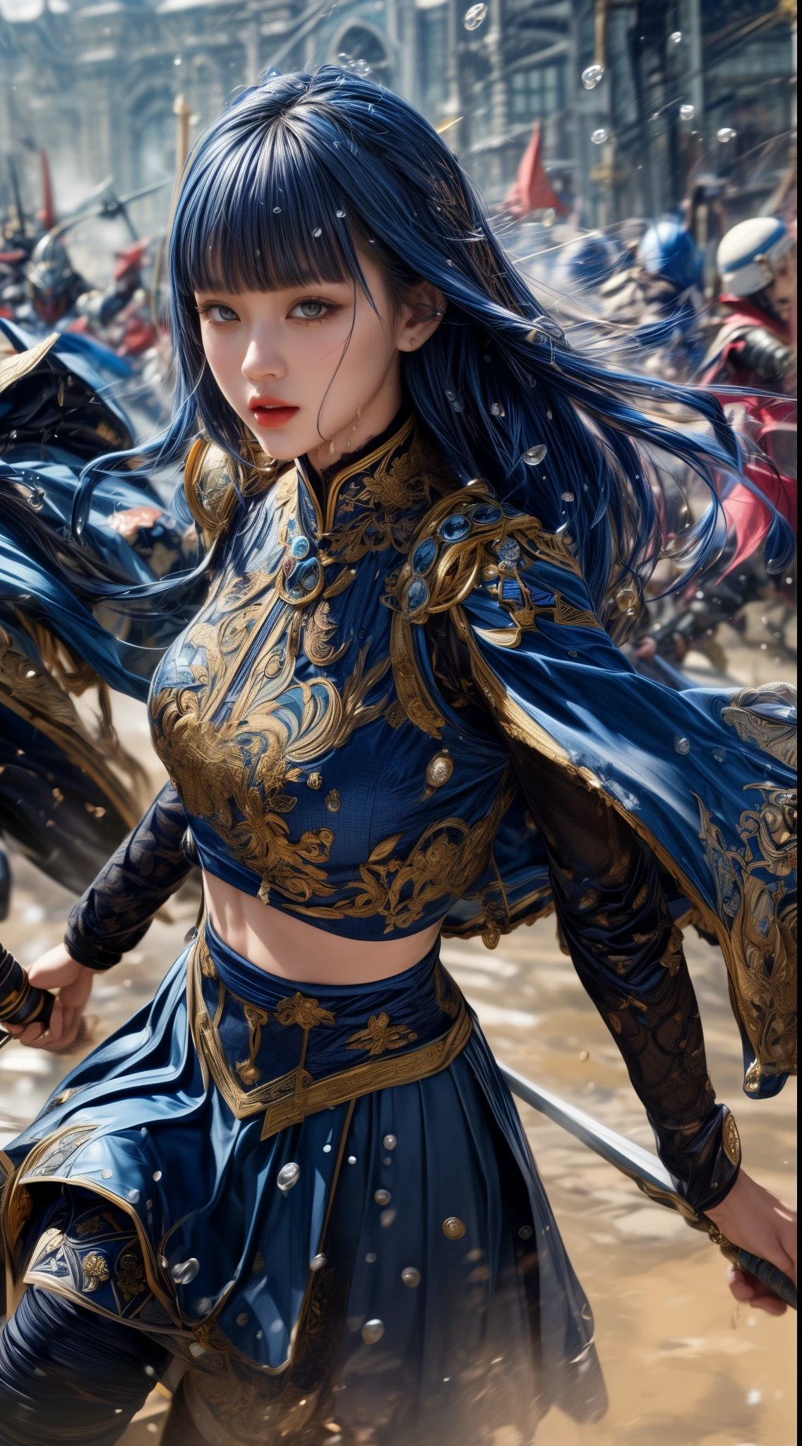 Very beautiful woman、Slender women、(Detailed face)、Realistic Skin、((holy knight)), ((Navy Blue Armor))、((((Black armor with very fine and intricate decoration:1.1))))、((Delicate photo)),(Girl Astepeace RAW Photo Details:1.25), (highest quality:1.6), (超A high resolution:1.5), (Realistic:1.75), 8K resolution, Canon EOS R5, 50mm, Absurd, Ultra-detailed,Cinema Lighting,((battlefield))、((battle))、(((Navy Skirt with Embellishments)))、Thigh-high socks、Shin Guards、((Dark blue hair))、((Bowl cut hairstyle with bangs,))、Get six-pack、Cape、Beautiful Armor、(((Has a huge weapon)))、(In combat)、The wind is blowing、((Symmetrical Armor))、((((Splash))))、(((Leading a large group of blue knights:1.2)))、Round Glasses:1.4、Banner、Armor with a dragon motif、(((Intense battle scenes)))