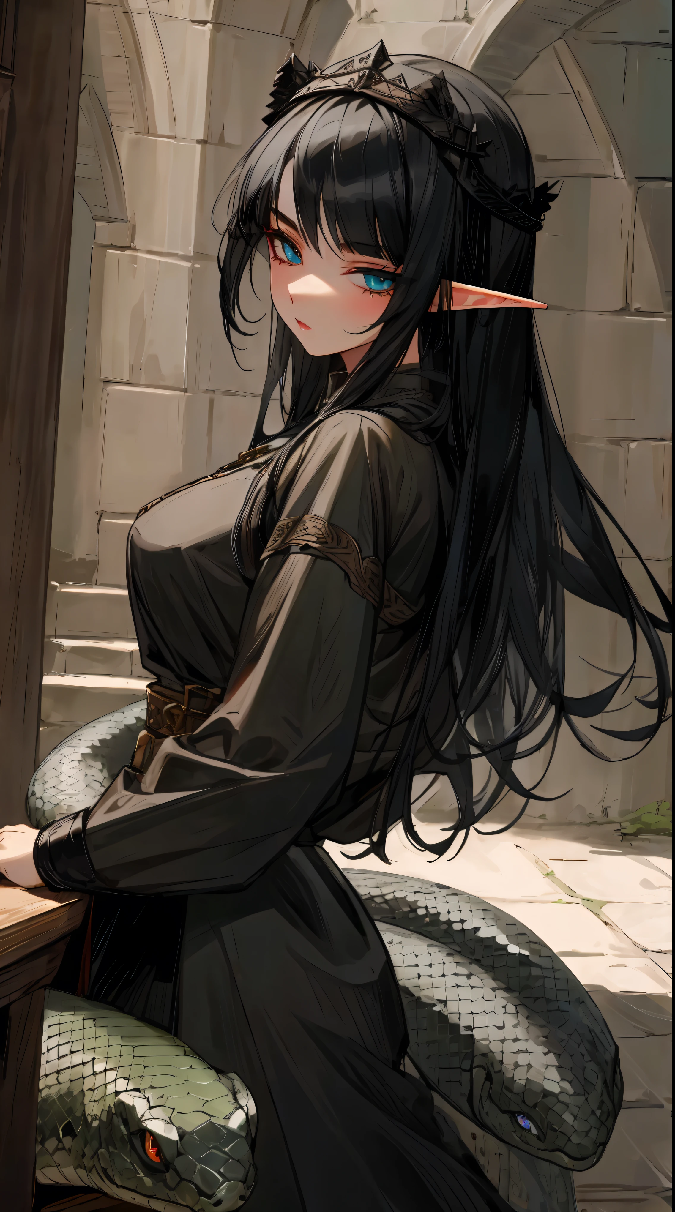 masterpiece, elf girl, black hair, medieval oufit dynamic pose ,dynamic expression , beautiful eyes,detailed eyes, snake eyes