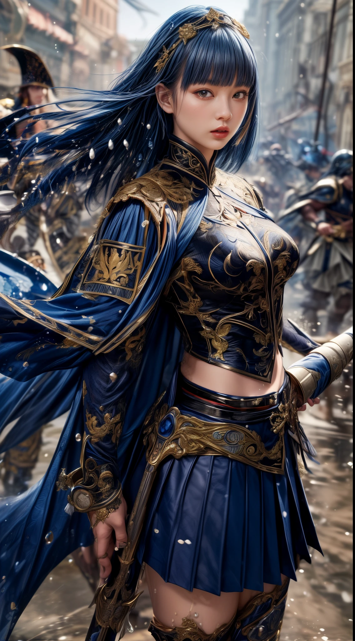 Very beautiful woman、Slender women、(Detailed face)、Realistic Skin、((holy knight)), ((Navy Blue Armor))、((((Black armor with very fine and intricate decoration:1.1))))、((Delicate photo)),(Girl Astepeace RAW Photo Details:1.25), (highest quality:1.6), (超A high resolution:1.5), (Realistic:1.75), 8K resolution, Canon EOS R5, 50mm, Absurd, Ultra-detailed,Cinema Lighting,((battlefield))、((battle))、(((Navy Skirt with Embellishments)))、Thigh-high socks、Shin Guards、((Dark blue hair))、((Bowl cut hairstyle with bangs,))、Get six-pack、Cape、Beautiful Armor、(((Has a huge weapon)))、(In combat)、The wind is blowing、((Symmetrical Armor))、((((Splash))))、(((Leading a large group of blue knights:1.2)))、Round Glasses:1.4、Banner、Armor with a dragon motif、(((Intense battle scenes)))
