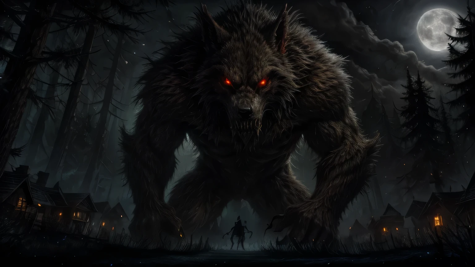 Scary werewolf, eyes glowing red, sharp teeth, partially lit by dramatic shadows, Dense dark forest illuminated by the intense light of the full moon, fog to create an atmosphere of mystery and danger, Village residents in action, spread along the base of the image,high resolution clear image,realism