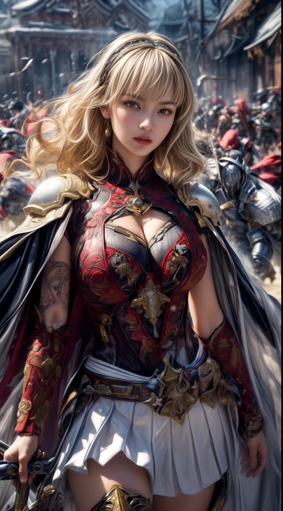 Very beautiful woman、Slender women、(Detailed face)、Realistic Skin、((holy knight)), ((Pearl White Armor))、((((Black armor with very fine and intricate decoration:1.1))))、((Delicate photo))，(Girl Astepeace RAW Photo Details:1.25), (highest quality:1.6), (超A high resolution:1.5), (Realistic:1.75), 8K resolution, Canon EOS R5, 50mm, Absurd, Ultra-detailed,Cinema Lighting,((battlefield))、((battle))、(((White skirt with embellishments)))、Thigh-high socks、Shin Guards、((Blonde))、((Curly Hair))、((Drill Hair))、((Wavy short hair with bangs,))、Get six-pack、Cape、Beautiful Armor、(((Has a huge weapon)))、(In combat)、The wind is blowing、((Symmetrical Armor))、((((Blizzard))))、(((Leading a large group of knights:1.2)))、Banner、Ice-themed armor、(((Intense battle scenes)))