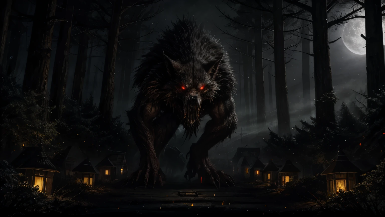 Scary werewolf, eyes glowing red, sharp teeth, partially lit by dramatic shadows, Dense dark forest illuminated by the intense light of the full moon, fog to create an atmosphere of mystery and danger, Village residents in action, spread along the base of the image,high resolution clear image,realism