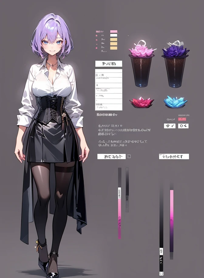 Purple hair,short cut,Adult female,Bartender,((Rolling up your sleeves shirt)),(Corset),(Tight skirt),High heels,((Simple background)),Smile,((Full body)),((whole body)),Character Sheet,
