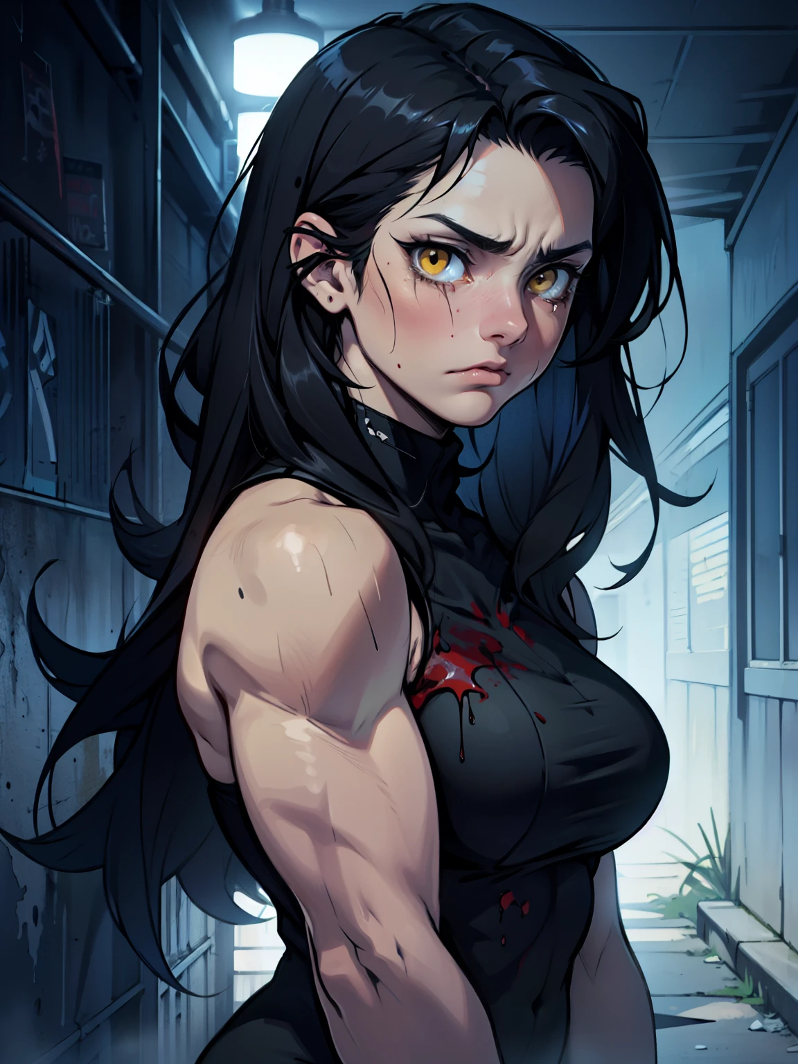 (((girl with hands behind back crying))) pale skin (angry) dark atmosphere bodybuilder huge tits kneeling close up black hair yellow eyes very long hair muscular toned body blood bloody scars scratches cuts bleeding
