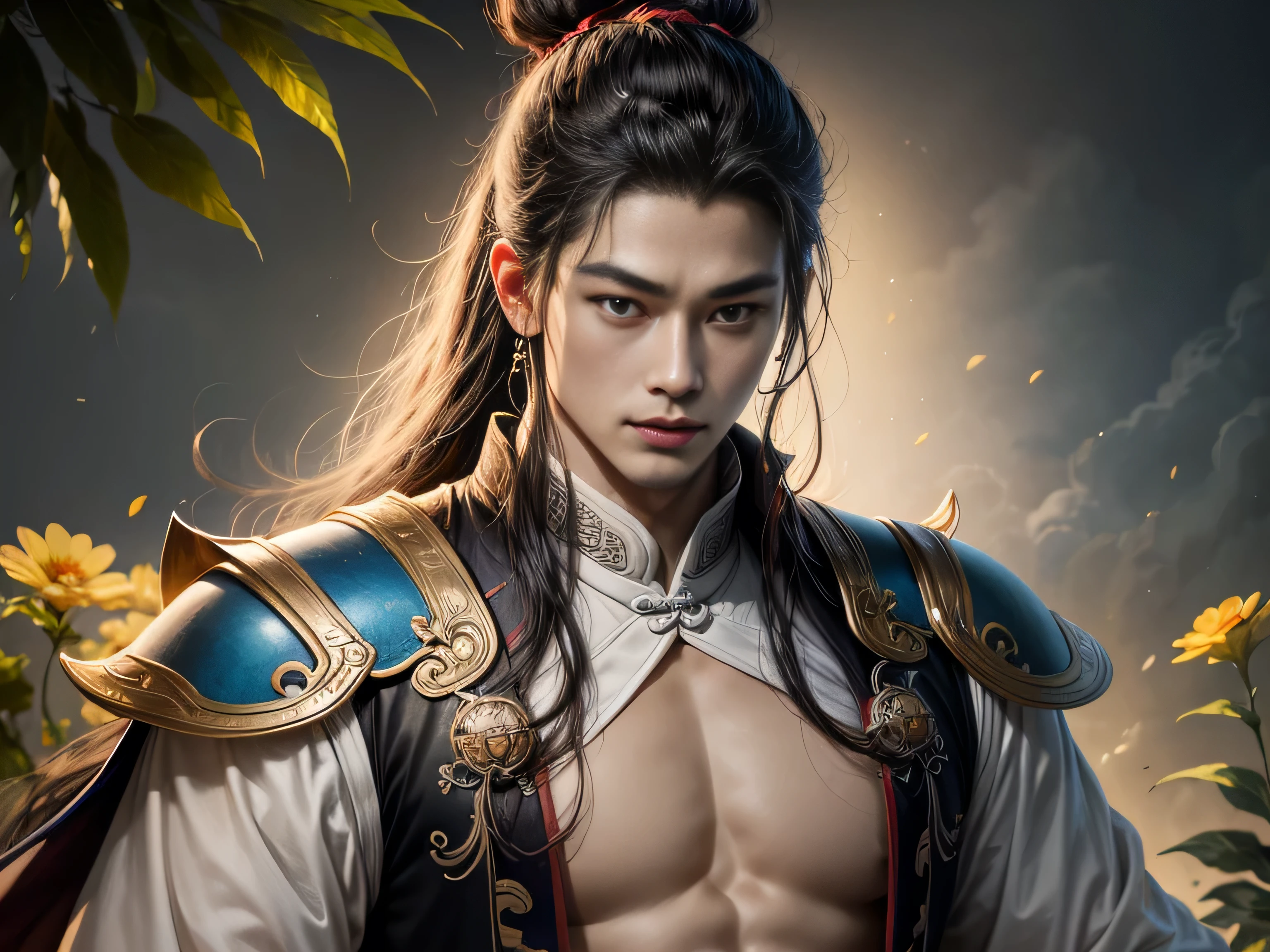 (Best Quality, 8K, Masterpiece, HDR, Soft Lighting, Picture Perfect, Realistic, Vivid), Garden with blue and pink flowers, a handsome man  is lying on the grass playing a game of go, arafed image of a man playing a game of go, inspired by Ma Shi, inspired by Ma Lin, inspired by Cao Zhibai, inspired by Wu Daozi, inspired by Hu Zaobin, inspired by Gu An, inspired by Xuande Emperor, inspired by Zhao Mengfu, inspired by Zhang Wo, game illustration, he has a beautiful blue eye color and a kind smile , black hair, he has a naked torso with a perfect body, his clothes are Tang Dynasty style, man, cute man, blue eyes, smile (ultra high quality fantasy art, majestic fantasy style), masterpiece, ultra high quality male character design, anime art in 8k resolution, realistic anime art, highest quality wallpaper illustration, detailed ultra high quality accurate male character face, high quality design and accurate physics, male character) (ultra high quality fantasy art, dark fantasy style), masterpiece, ultra high quality characters, anime with -8k resolution, realistic anime art, highest quality wallpaper illustration, ultra high facial detail, high quality design and accurate physics), color difference, depth of field, dramatic shadows, ray tracing, high quality and detailed computer wallpapers in 8K resolution. (Accurate simulation of the interaction of light and material)], [Visual art that conveys the meaning of history]