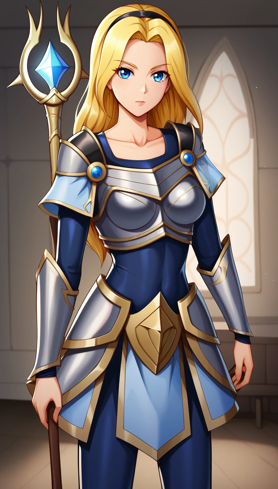 LuxLoLXL, blue eyes, blonde hair, long hair, black hairband, medium breasts, collarbone, shoulder armor, armor, blue bodysuit, breastplate, long sleeves, faulds, skirt, blue pants, armored boots, holding staff, solo, standing, looking at viewer, indoors