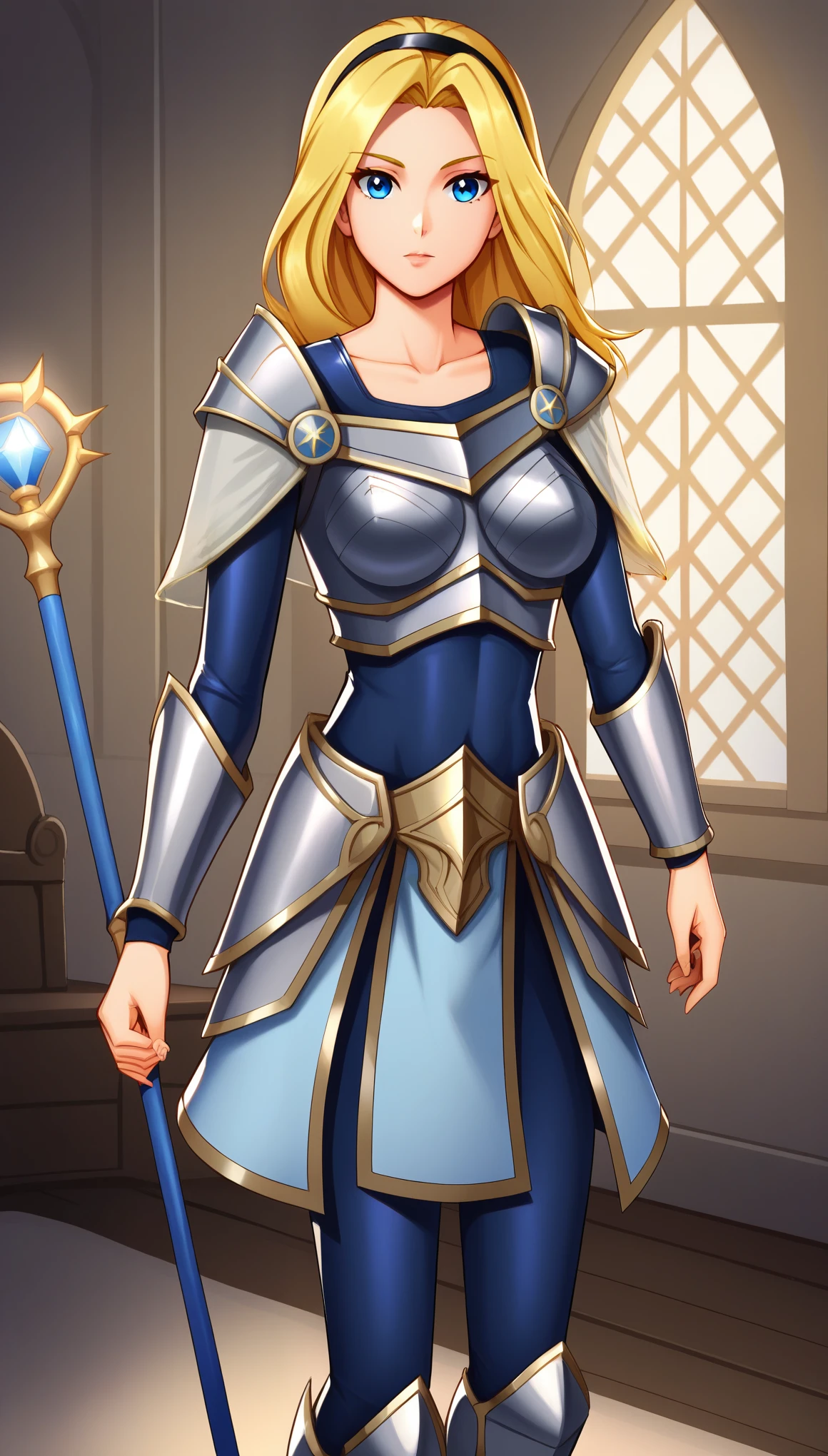 LuxLoLXL, blue eyes, blonde hair, long hair, black hairband, medium breasts, collarbone, shoulder armor, armor, blue bodysuit, breastplate, long sleeves, faulds, skirt, blue pants, armored boots, holding staff, solo, standing, looking at viewer, indoors