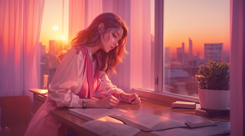 A close-up of a woman studying by the window in a stylish room at sunset, with city pop color tones.