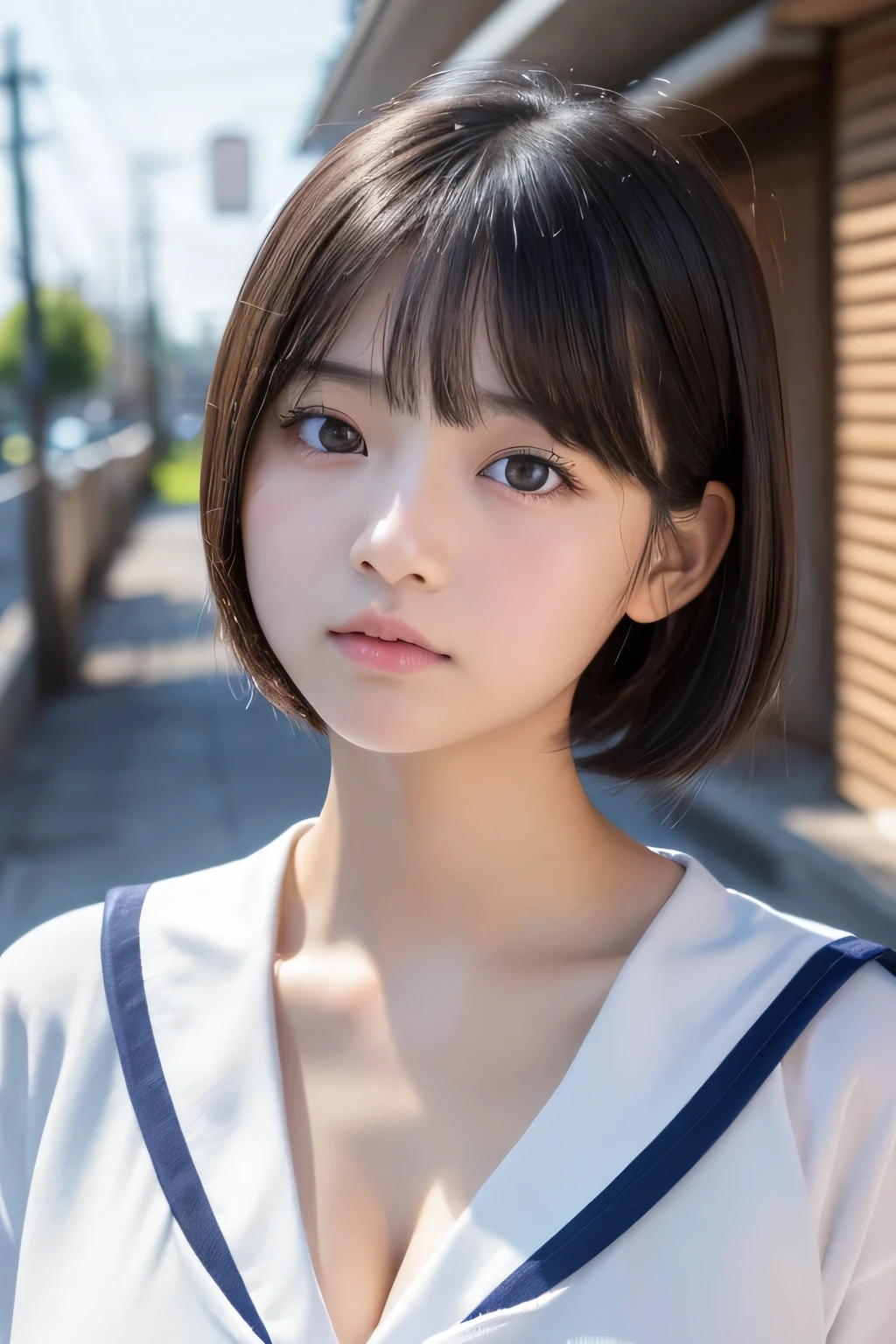 (1 Girl)、(Beautiful Japanese、18years old,round face、Refreshing、clear、seems kind、stylish、Pitiful、cute like an angel、cute、black eyes、,actress,Almond-shaped eyes,Translucent white skin、Beautiful skin), Good style , (((Beautiful big breasts:1.2))),(((soft breasts))),(very cute),(Black hair),(short bob hair),(enchanting eyes),(highlight on eyes:1.2)、(8K、Live shooting、highest quality、masterpiece:1.2、optimal lighting)、((masterpiece)),(Photo taken by a professional photographer),(real、photo real:1.4),break,{ (Japanese high school sailor uniform),((Cute Sailor Suit))},(cheeks are red:1.2), break, break,Face shot:1.3、looking at viewer, face close-up,Looking up、(Cleavage:1.2)、Peering in with a worried look on her face,,Looking at viewer,From below,(Schoolyard),(tear:1.4),(Troubled face)