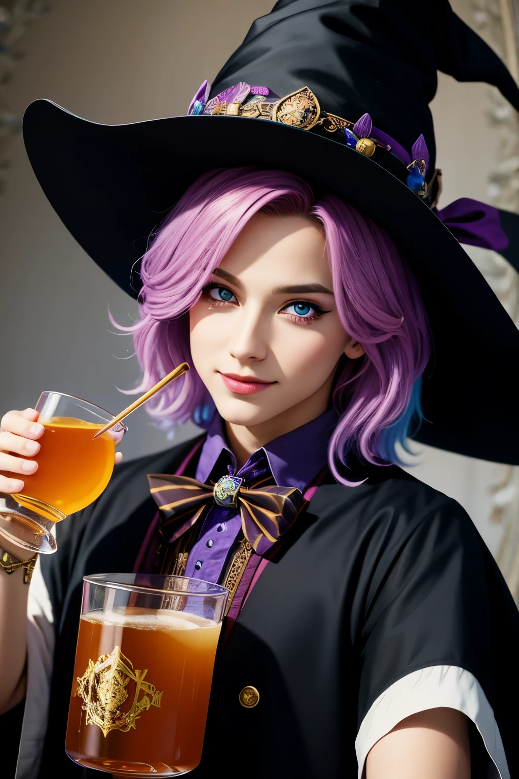 Masterpiece, best quality, wizard tea party, chibi, handsome male witch, beautiful witch, highly detailed realistic eyes, happy, vibrant, colorful,