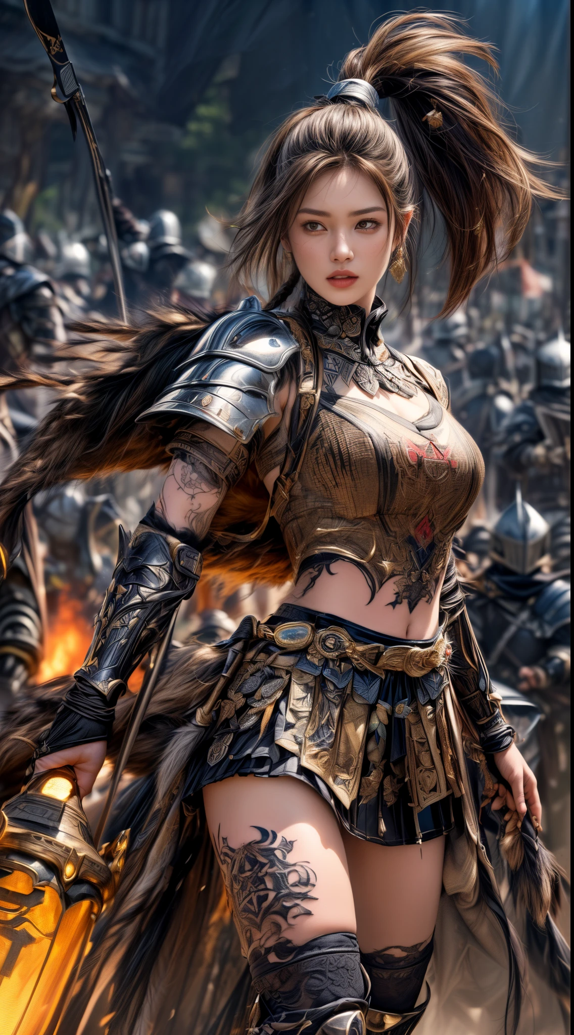 Very beautiful woman、Very tall woman、((muscle))、(Detailed face)、Realistic Skin、((Knights of the Earth)), (((Light brown and black armor:1.25)))、((((非常に繊細で装飾が施されたLight brown and black armor))))、((Delicate photo))，(Girl Astepeace RAW Photo Details:1.25), (highest quality:1.6), (超A high resolution:1.5), (Realistic:1.75), 8K resolution, Canon EOS R5, 50mm, Absurd, Ultra-detailed,Cinema Lighting,Battlefields of Medieval Europe、((battle))、RPG World、Final Fantasy、(((Embellished skirt)))、Thigh-high socks、Shin Guards、night、((((Messy center parted high ponytail))))、((Get six-pack))、Torn Cloak、((Beautiful Armor))、(((Huge weapons)))、In combat、The wind is blowing、(((Leading a large group of knights:1.3)))、(((Knight Commander)))、(Banner)、Great Ape Emblem、(((Light brown as the main color)))、(((black tribal tattoo)))、Dust、(((Wearing fur)))、(Rocky area)、(((Battle Scene)))