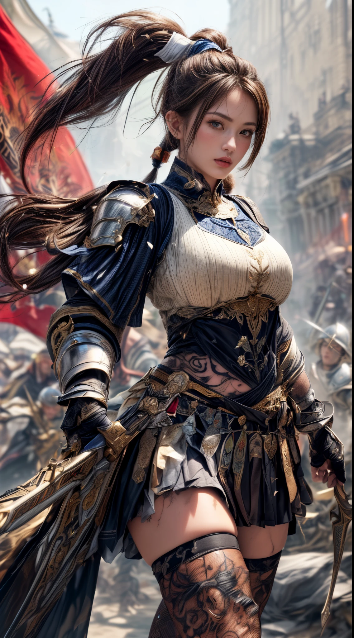 Very beautiful woman、Very tall woman、((muscle))、(Detailed face)、Realistic Skin、((Knights of the Earth)), (((Light brown and black armor:1.25)))、((((非常に繊細で装飾が施されたLight brown and black armor))))、((Delicate photo))，(Girl Astepeace RAW Photo Details:1.25), (highest quality:1.6), (超A high resolution:1.5), (Realistic:1.75), 8K resolution, Canon EOS R5, 50mm, Absurd, Ultra-detailed,Cinema Lighting,Battlefields of Medieval Europe、((battle))、RPG World、Final Fantasy、(((Embellished skirt)))、Thigh-high socks、Shin Guards、night、((((Messy center parted high ponytail))))、((Get six-pack))、Torn Cloak、((Beautiful Armor))、(((Huge weapons)))、In combat、The wind is blowing、(((Leading a large group of knights:1.3)))、(((Knight Commander)))、(Banner)、Great Ape Emblem、(((Light brown as the main color)))、(((black tribal tattoo)))、Dust、(((Wearing fur)))、(Rocky area)、(((Battle Scene)))