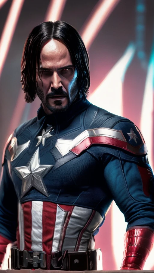 . Tarantino style john wick as Captain America 8k, high definition, detailed face, detailed face, detailed eyes, detailed suit, in style of marvel and dc, hyper-realistic, + cinematic shot + dynamic composition, incredibly detailed, sharpen, details + superb details + evening with light + perfectionism + award winning realism ((moody lighting))