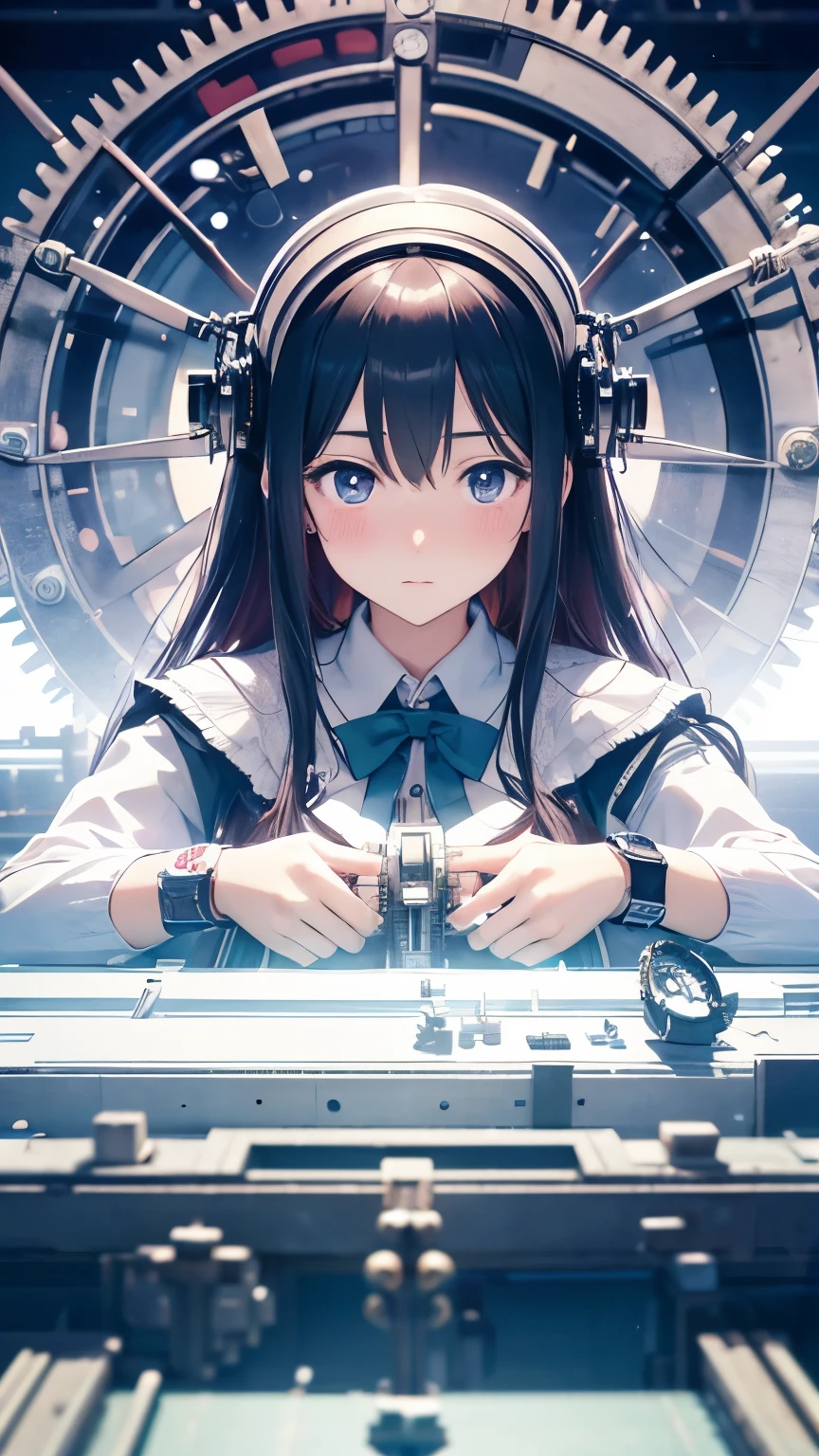 Yu Watase, daisukerichard, Surrealism, wonder, strange, bizarre, fantasy, Sci-fi, Japanese anime, miniskirt beautiful high school girl assembling a giant wristwatch, perfect voluminous body, gears, springs, screws, detailed masterpiece Hyper realistic sharp focus cinematic lighting shy embarrassed coquettish happy real blushing looking at viewer real