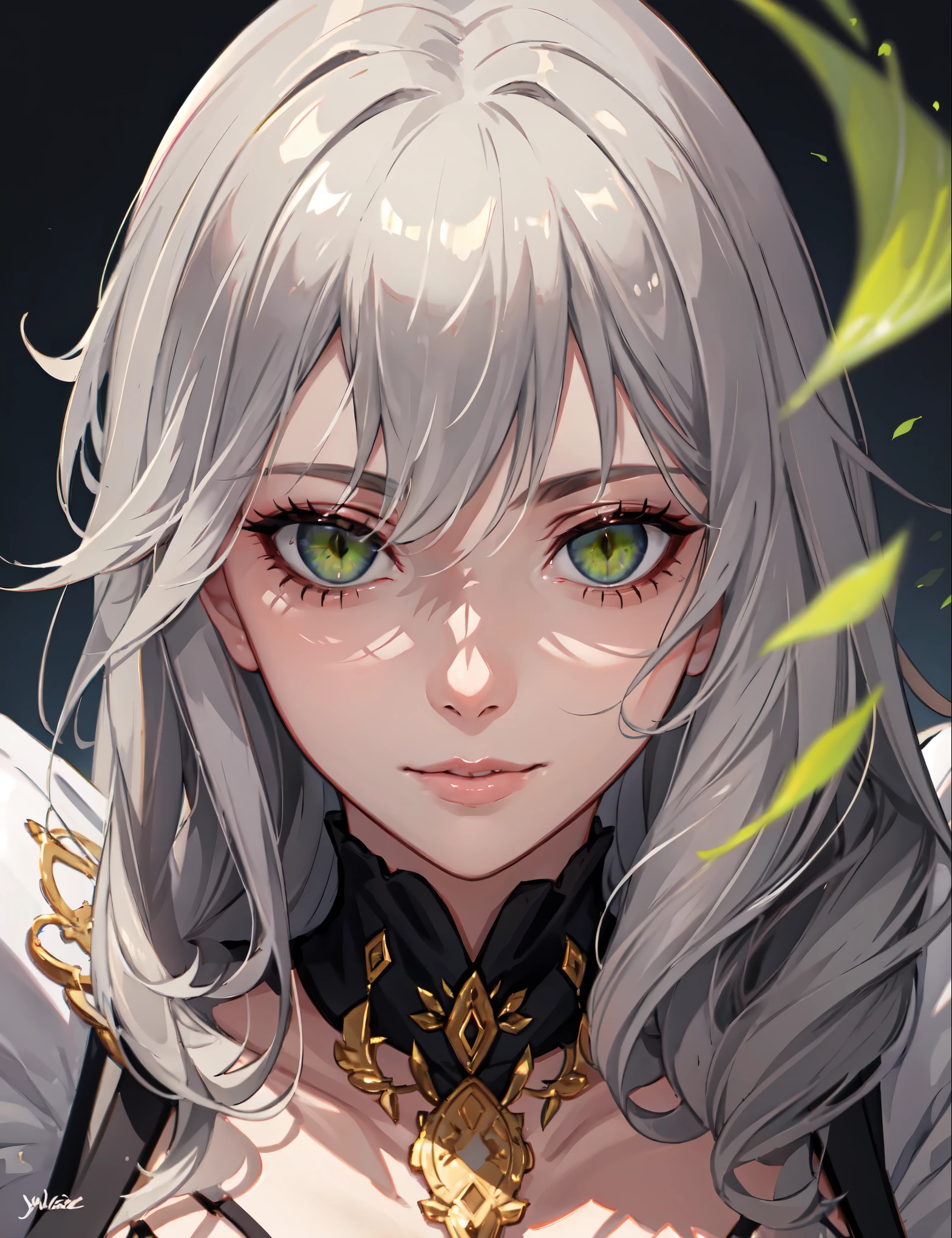 masterpiece, best quality, mature female, (face focus:1.4), snake eyes, (close-up:0.5), large eyes, green eyes, naughty face, smile, closed mouth, lips, portrait, grey hair, (closed mouth)