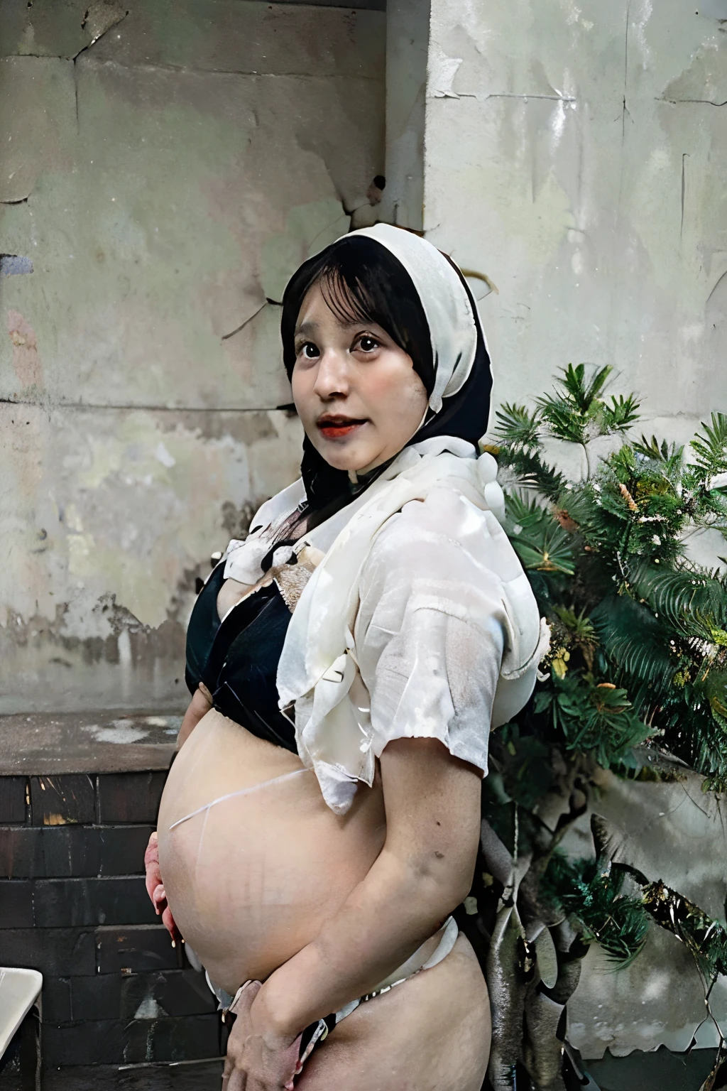 A chubby woman 7 months pregnant with a crying baby, scattered house, hijab and bikini wearing woman