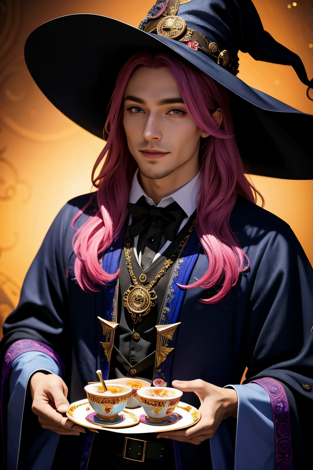 Masterpiece, best quality, wizard tea party, chibi, handsome male witch, beautiful witch, highly detailed realistic eyes, happy, vibrant, colorful,