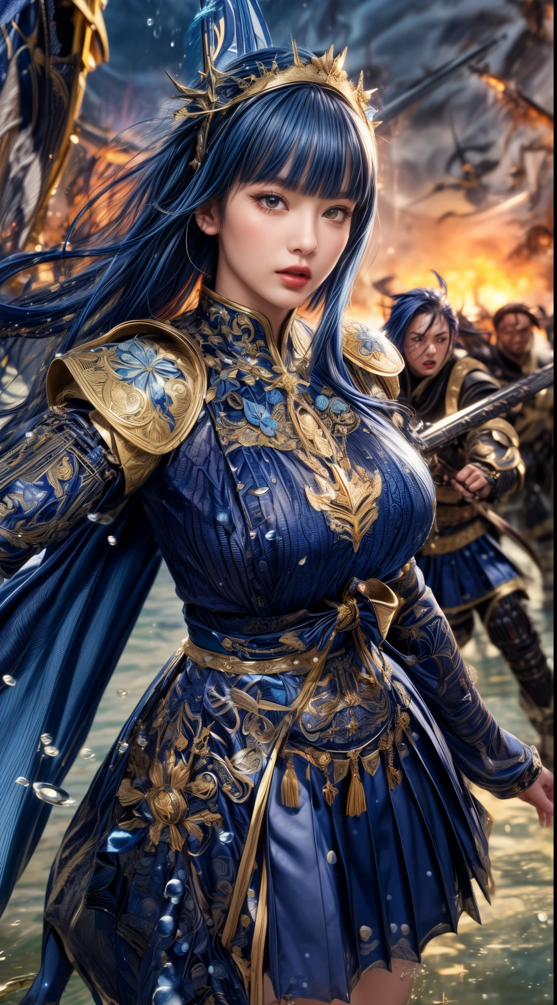 Very beautiful woman、Slender women、(Detailed face)、Realistic Skin、((holy knight)), ((Navy Blue Armor))、((((Black armor with very fine and intricate decoration:1.1))))、((Delicate photo)),(Girl Astepeace RAW Photo Details:1.25), (highest quality:1.6), (超A high resolution:1.5), (Realistic:1.75), 8K resolution, Canon EOS R5, 50mm, Absurd, Ultra-detailed,Cinema Lighting,((battlefield))、((battle))、(((Navy Skirt with Embellishments)))、Thigh-high socks、Shin Guards、((Dark blue hair))、((Bowl cut hairstyle with bangs,))、Get six-pack、Cape、Beautiful Armor、(((Has a huge weapon)))、(In combat)、The wind is blowing、((Symmetrical Armor))、((((Splash))))、(((Leading a large group of blue knights:1.2)))、Round Glasses:1.4、Banner、Armor with a dragon motif、(((Battle Scene)))